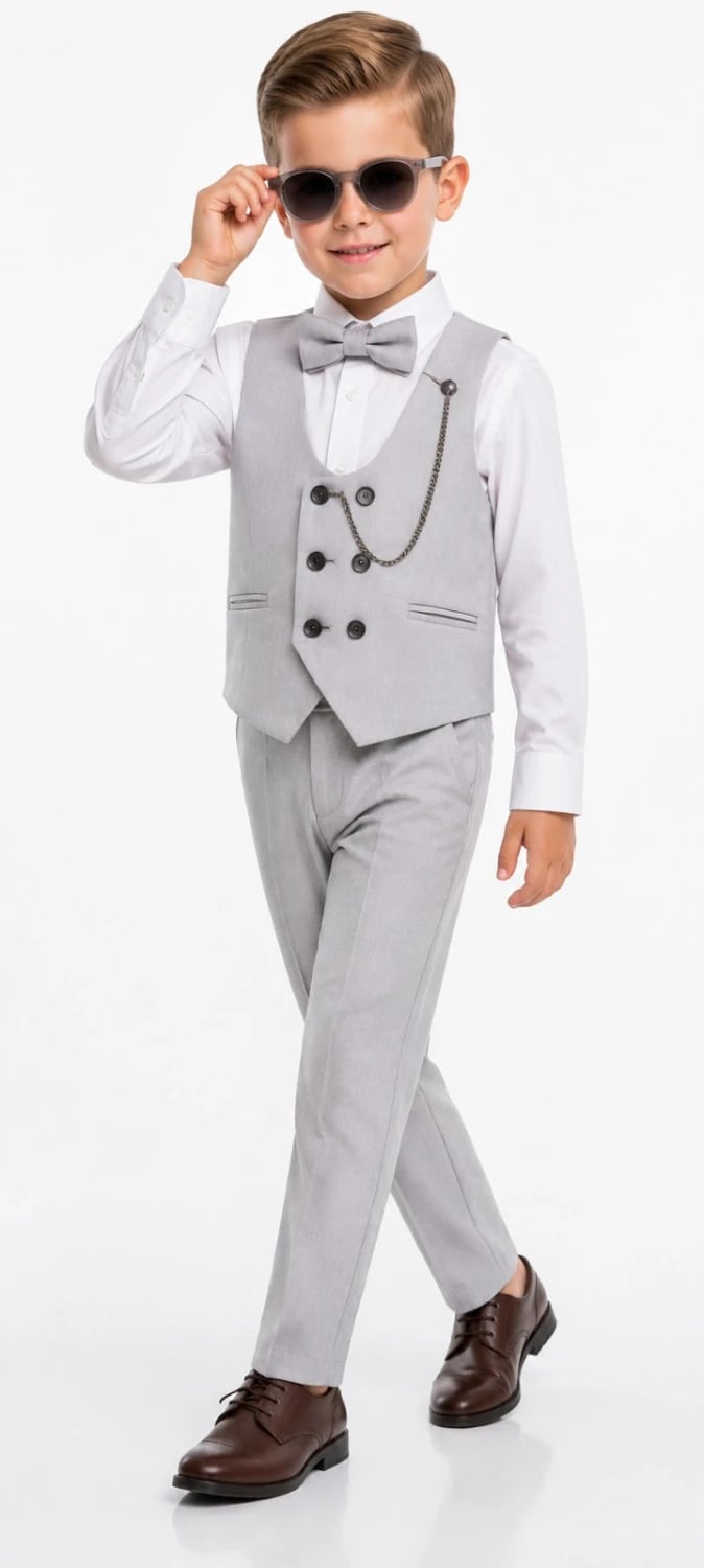 Boys' Formal Suit Set with Waistcoat and Bow Tie - Grey - Terry - by Peralane