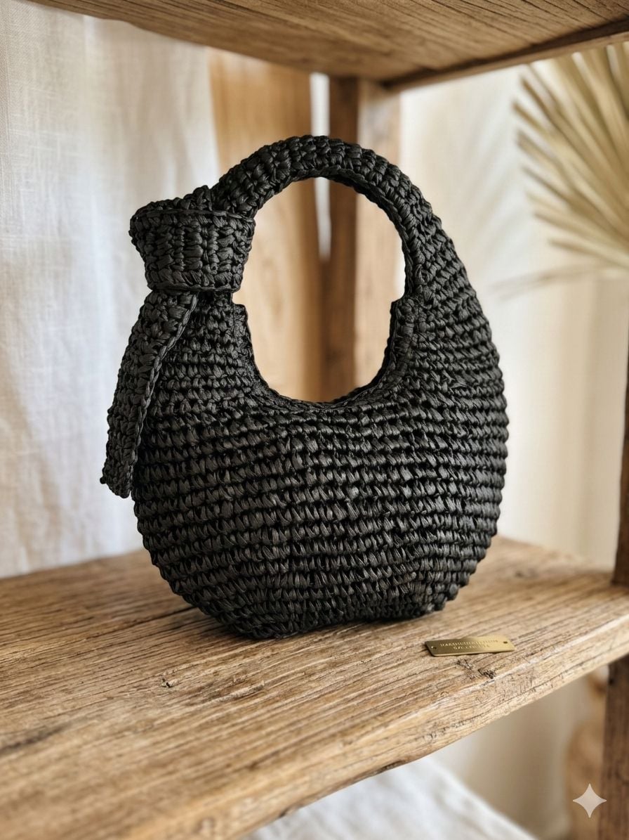 Black Woven Straw Handbag with Knotted Handle - Nesvay - by Peralane