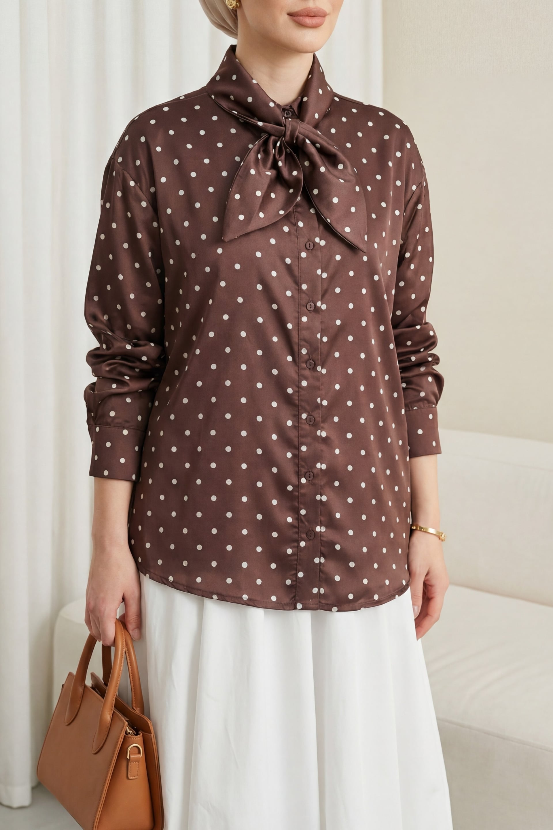 Pussy Bow Polka Dot Satin Blouse - Plum - Podyumplus - by Peralane