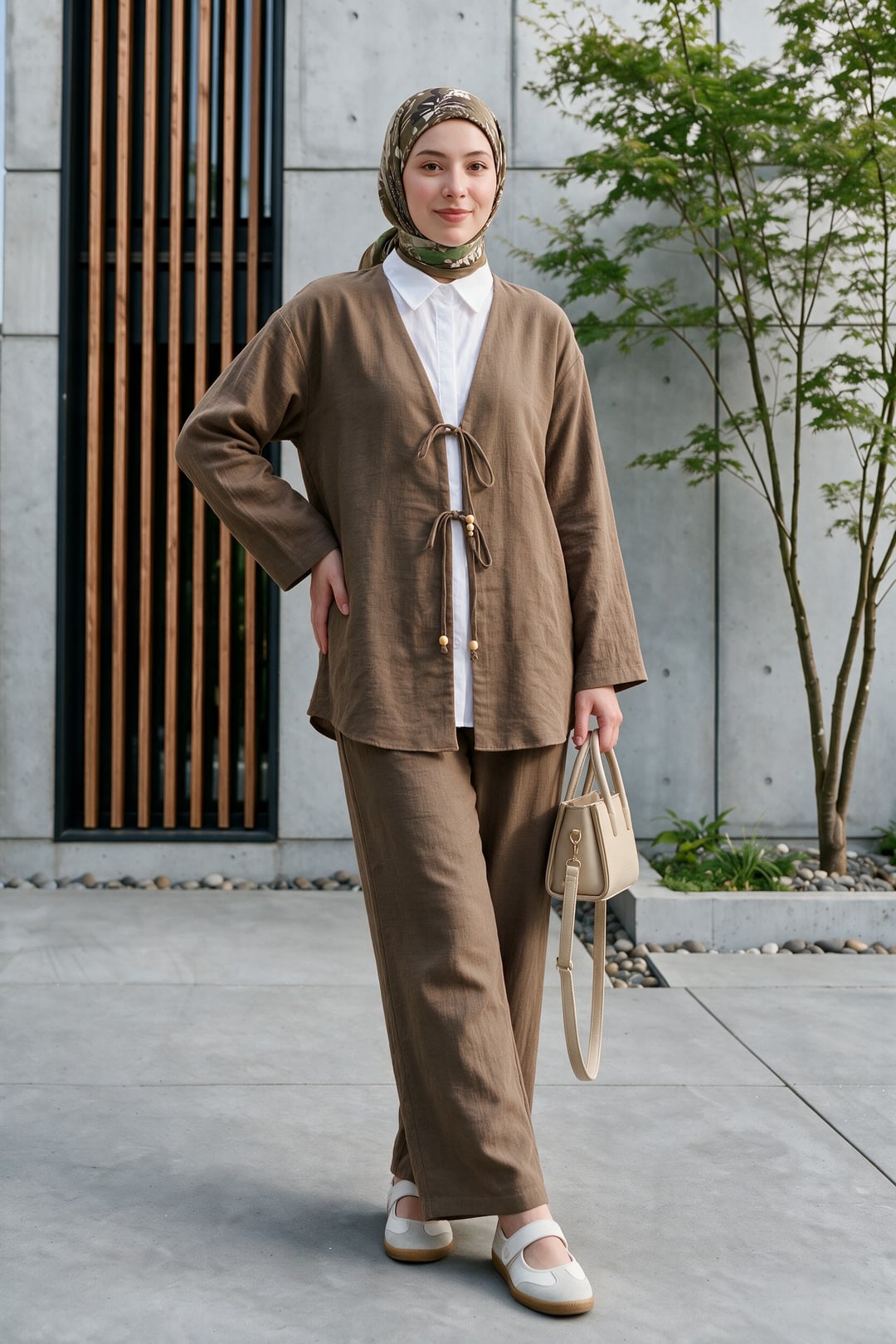 Double Tie-Front Kimono Set with Trousers - Light Brown - Podyumplus - by Peralane - photo 3
