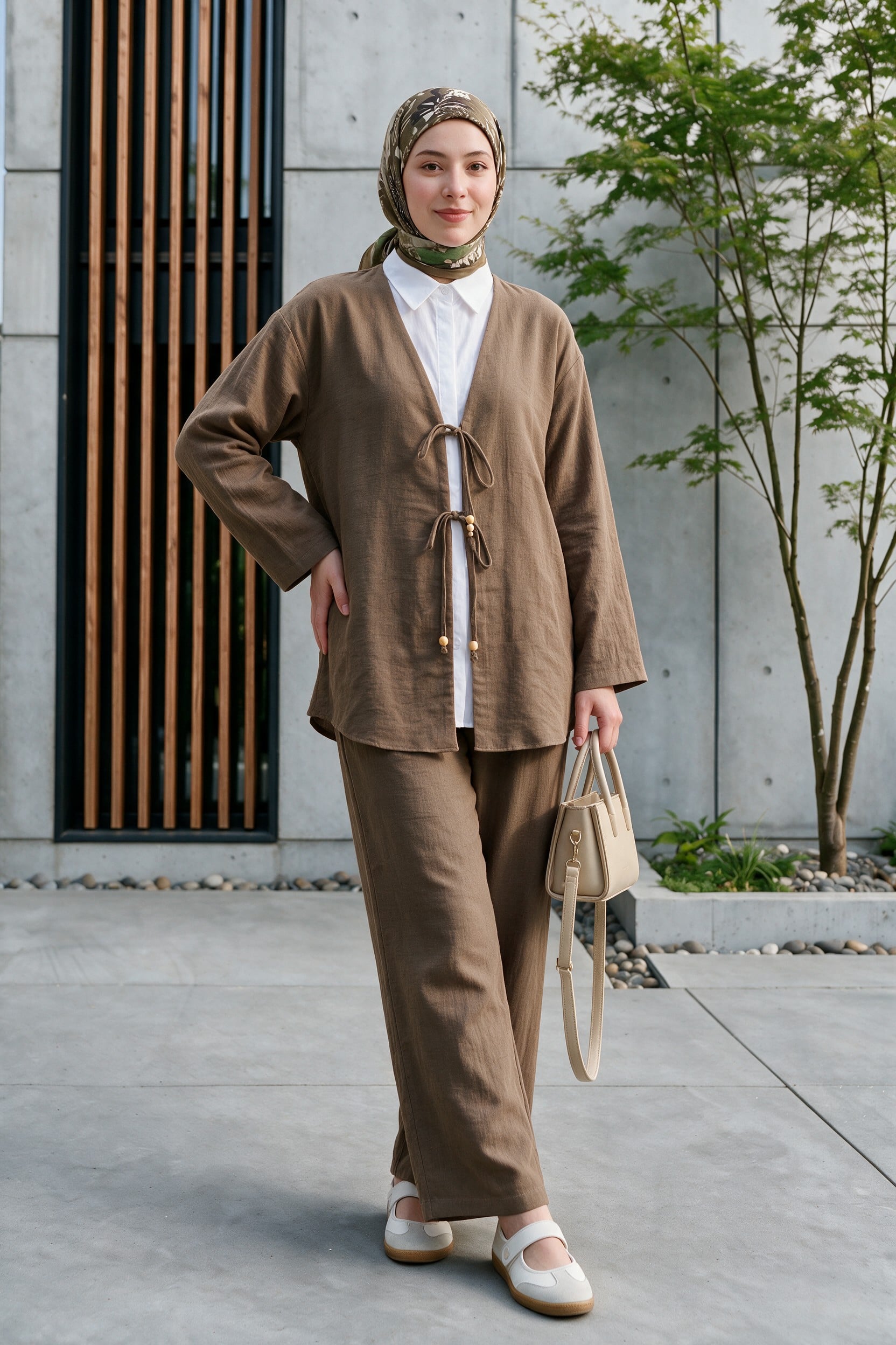 Double Tie-Front Kimono Set with Trousers - Light Brown - Podyumplus - by Peralane - photo 3