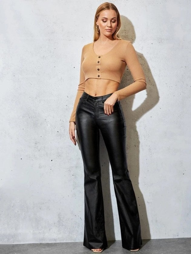 Women's High-Waist Leather Spanish Leg Pants with Pockets - Janes - by Peralane - photo 4
