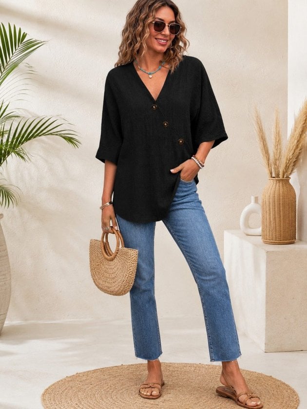 Women's Black Short Sleeve V-Neck Button Blouse - Janes - by Peralane - photo 5
