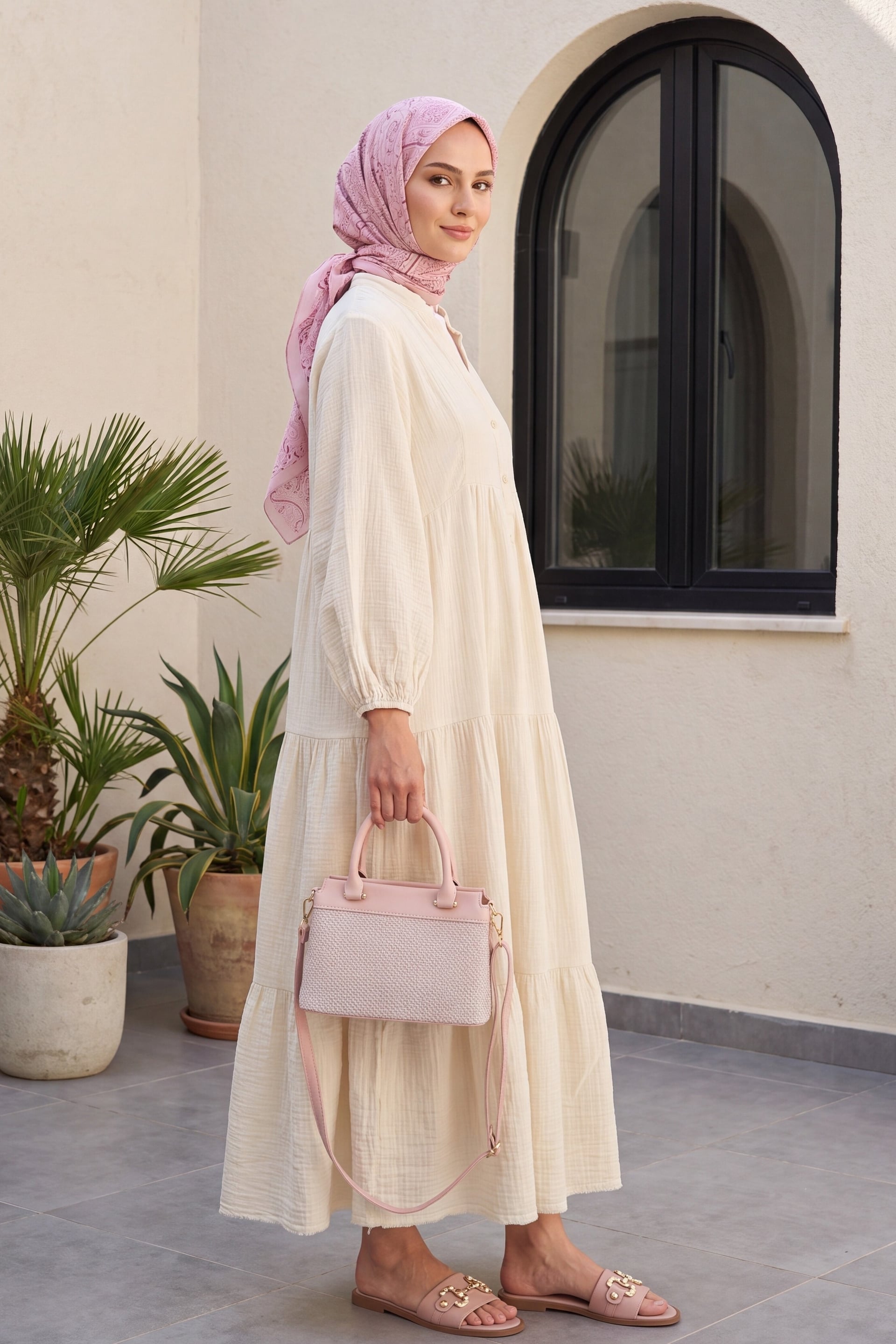 V-Neck Half-Button Long Muslin Dress with Tiered Skirt - Beige - Podyumplus - by Peralane - photo 5