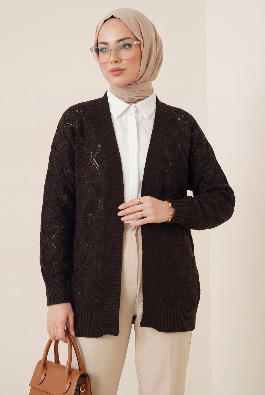 Patterned Mid-Length Knit Cardigan - Brown - Podyumplus - by Peralane - photo 3