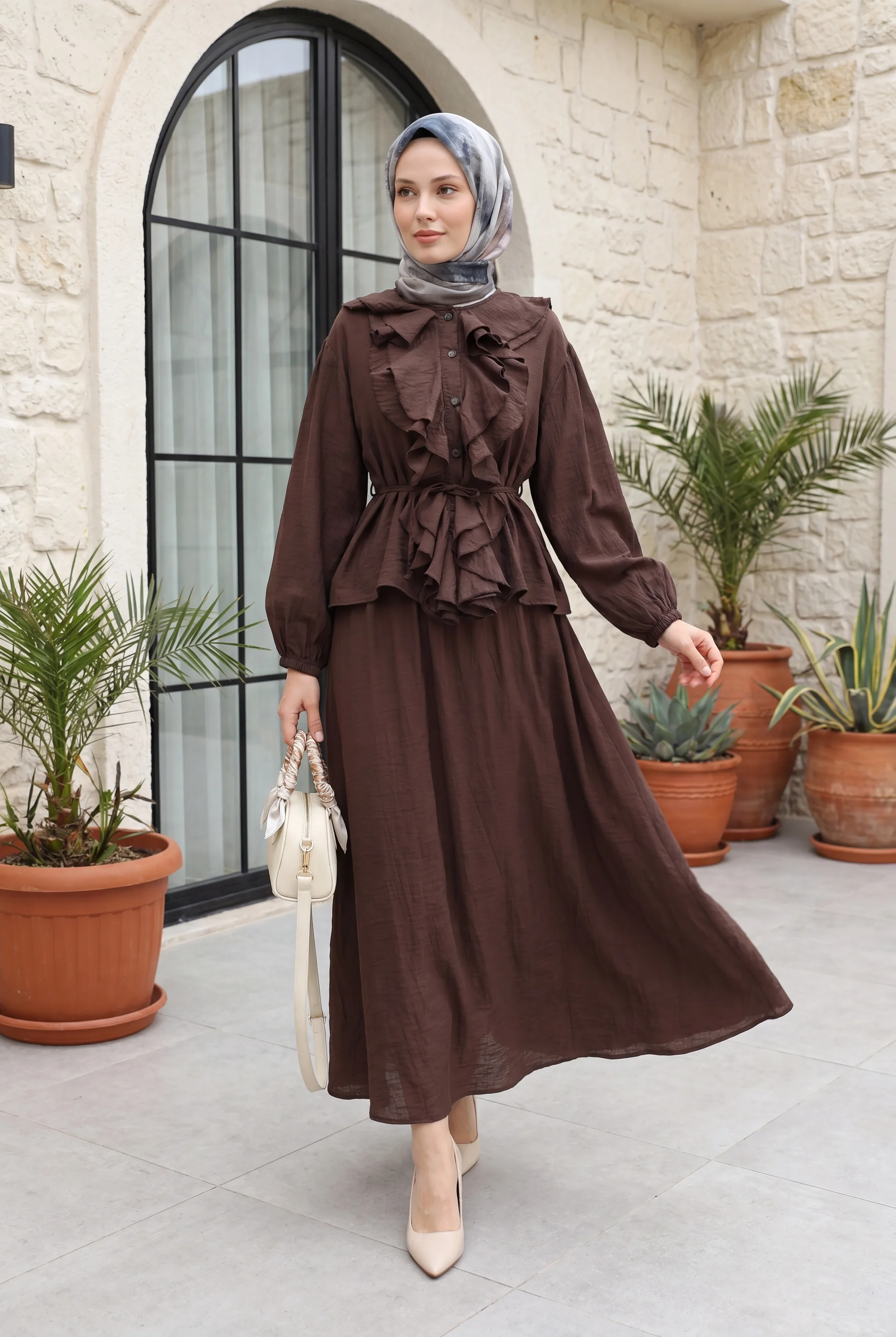 Ruffle Front Long-Sleeve Top and Skirt Set in Dark Brown - Podyumplus - by Peralane