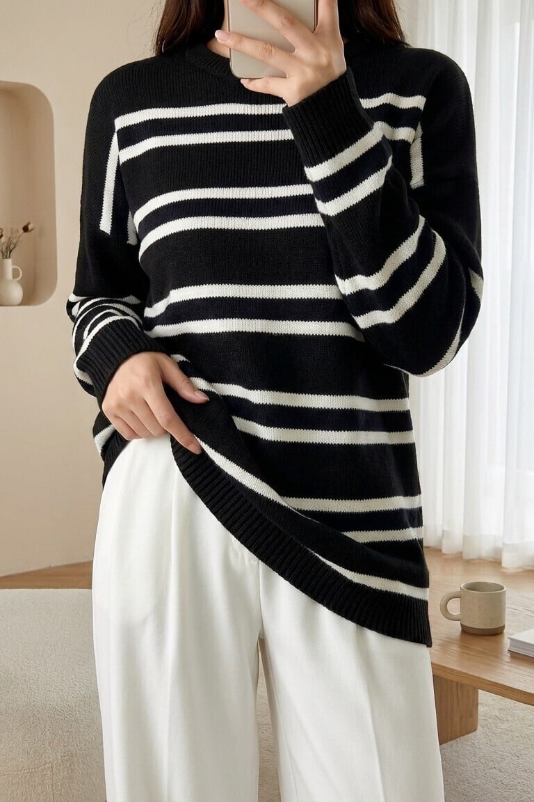 Colorful Striped Slouchy Knit Tunic - Dark Brown - Podyumplus - by Peralane