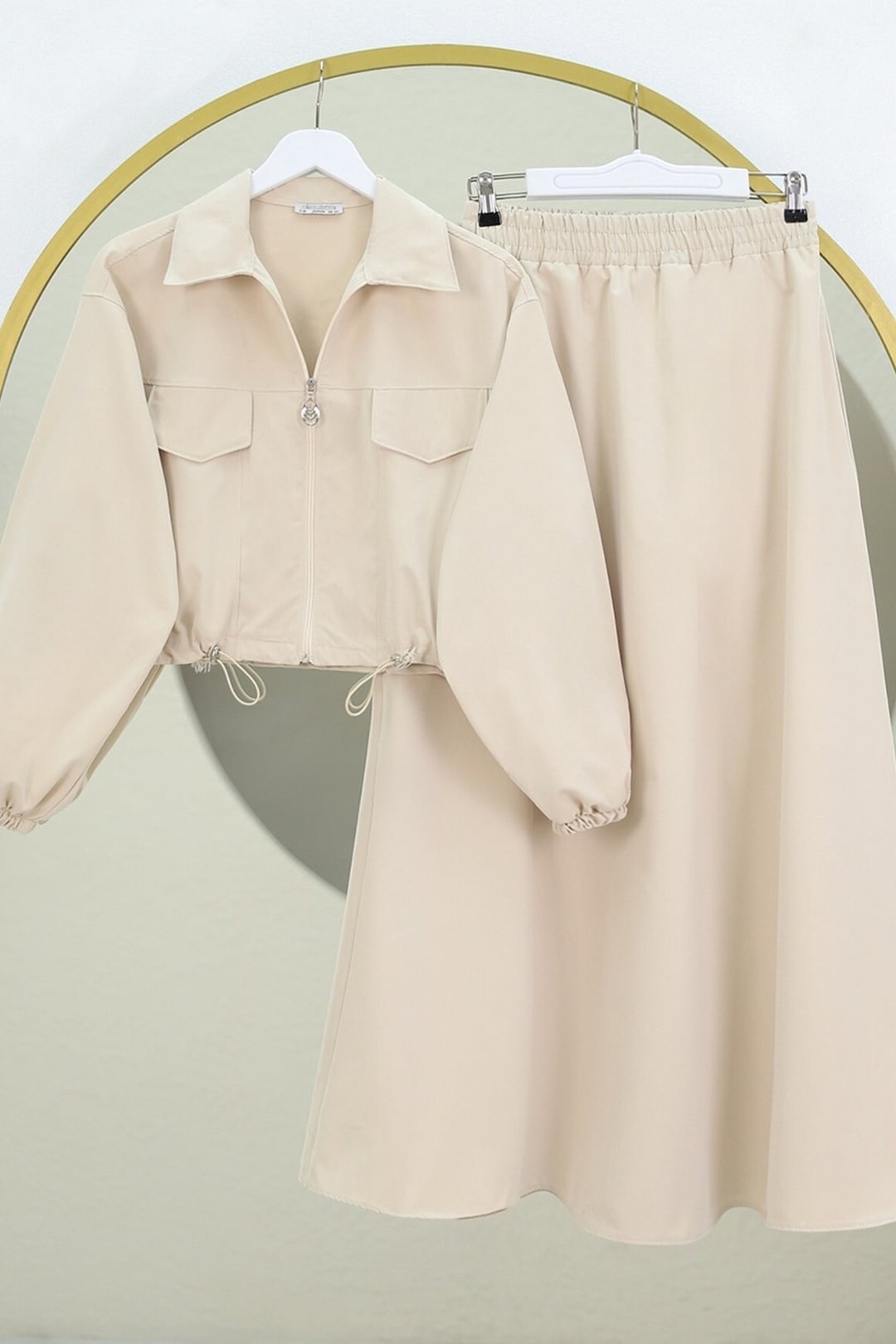 Beige Bonded Two-Piece Set with Elastic Waist Skirt - Podyumplus - by Peralane - photo 3