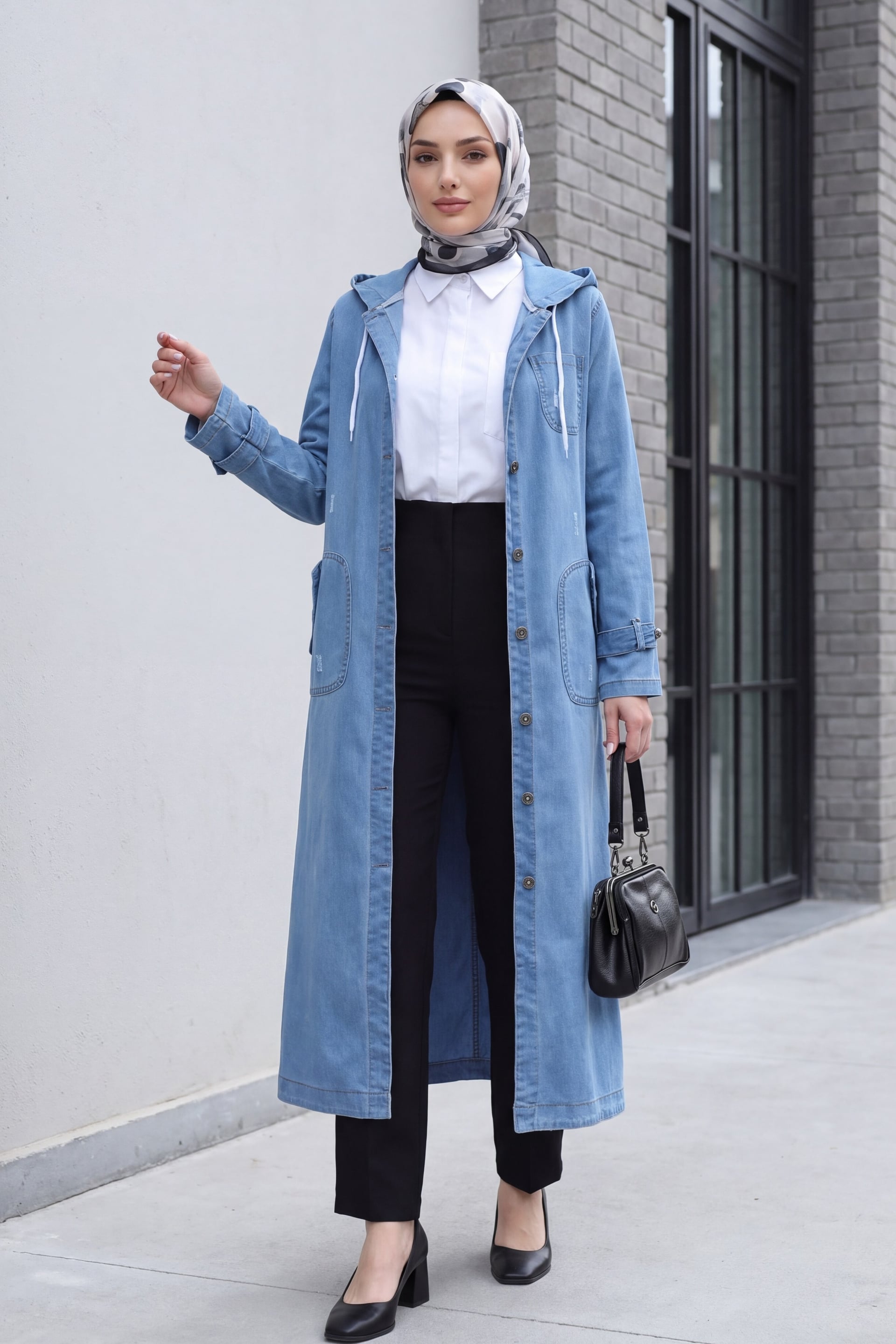 Long Denim Jacket with Hood - Blue - Podyumplus - by Peralane