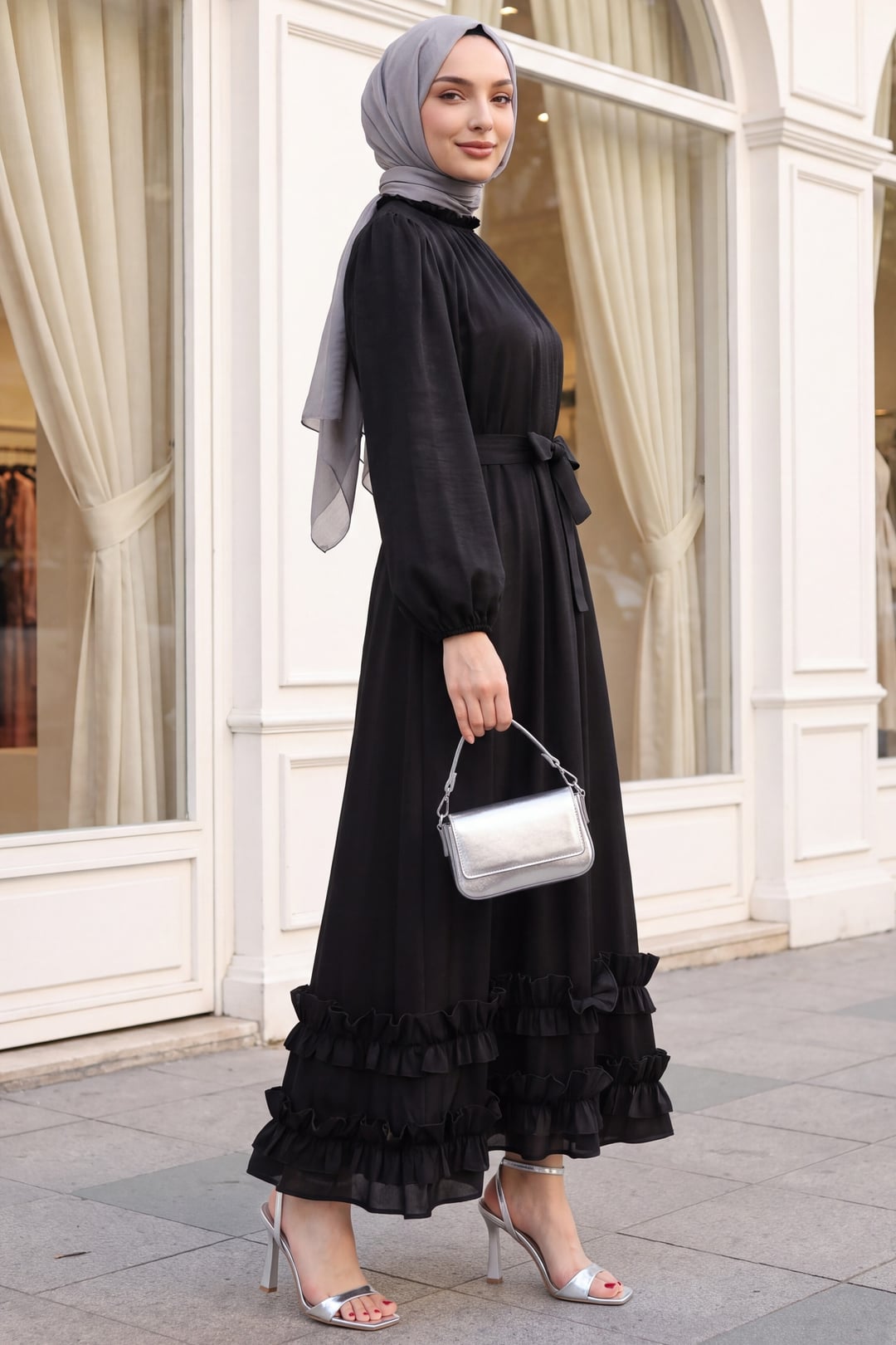 Ruffled Collar and Hem Long Dress with Elastic Cuffs - Black - Podyumplus - by Peralane - photo 3