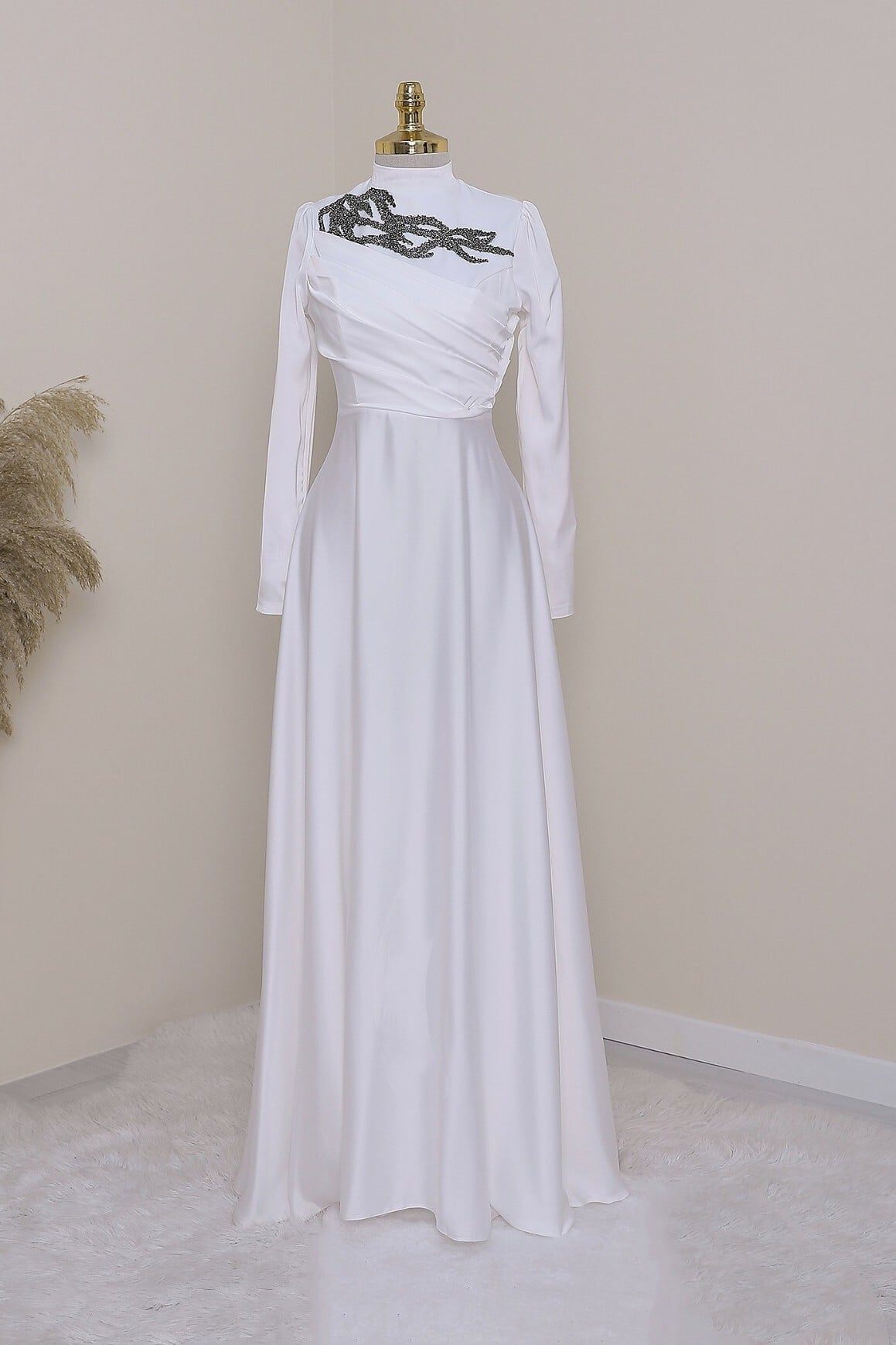 White Satin Evening Dress with Beaded Neckline and Draped Front - Podyumplus - by Peralane