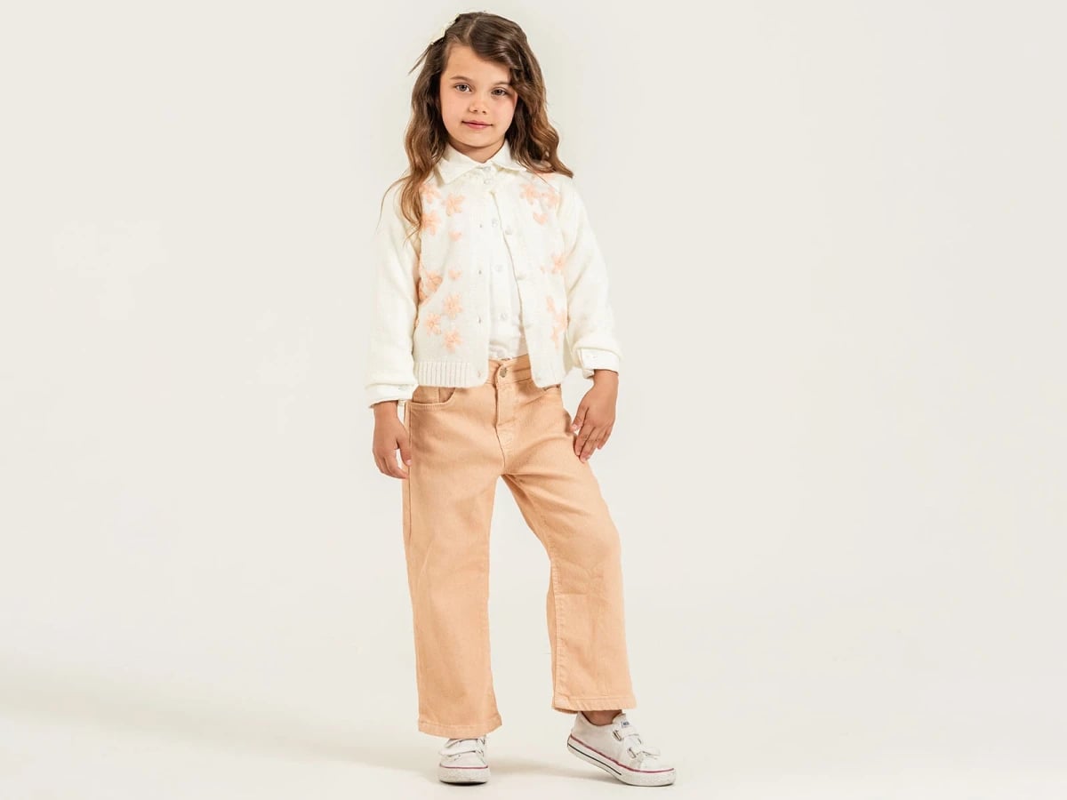Girl's 3-Piece Outfit with Floral Embroidered Knit Cardigan, Shirt, and Trousers - Pampal Kids - by Peralane