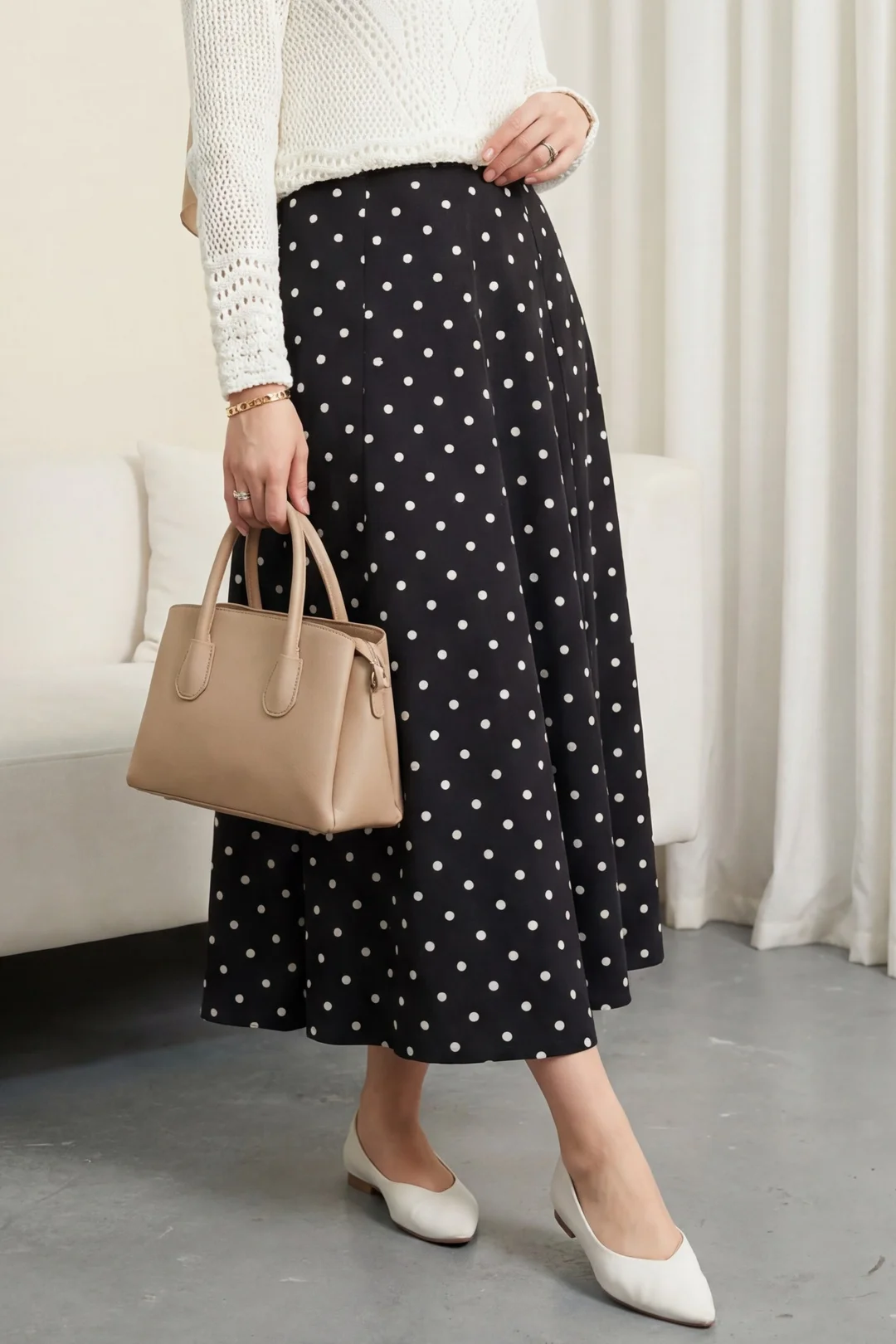 Black Polka Dot Lined Skirt with Back Zipper - Podyumplus - by Peralane