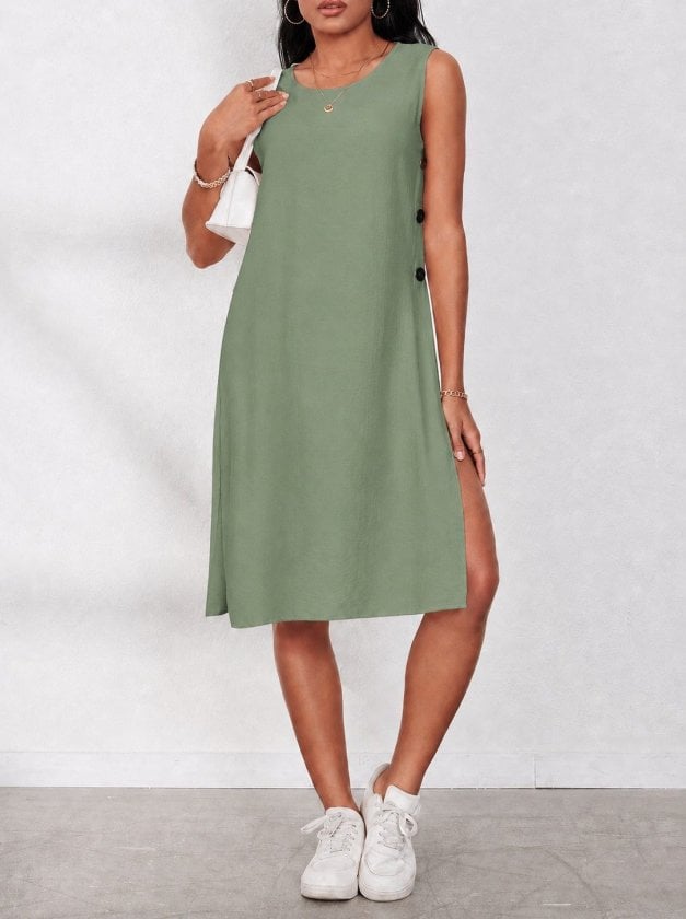 Women's Sleeveless Round Neck Side Button Short Tunic Dress - Janes - by Peralane - photo 2
