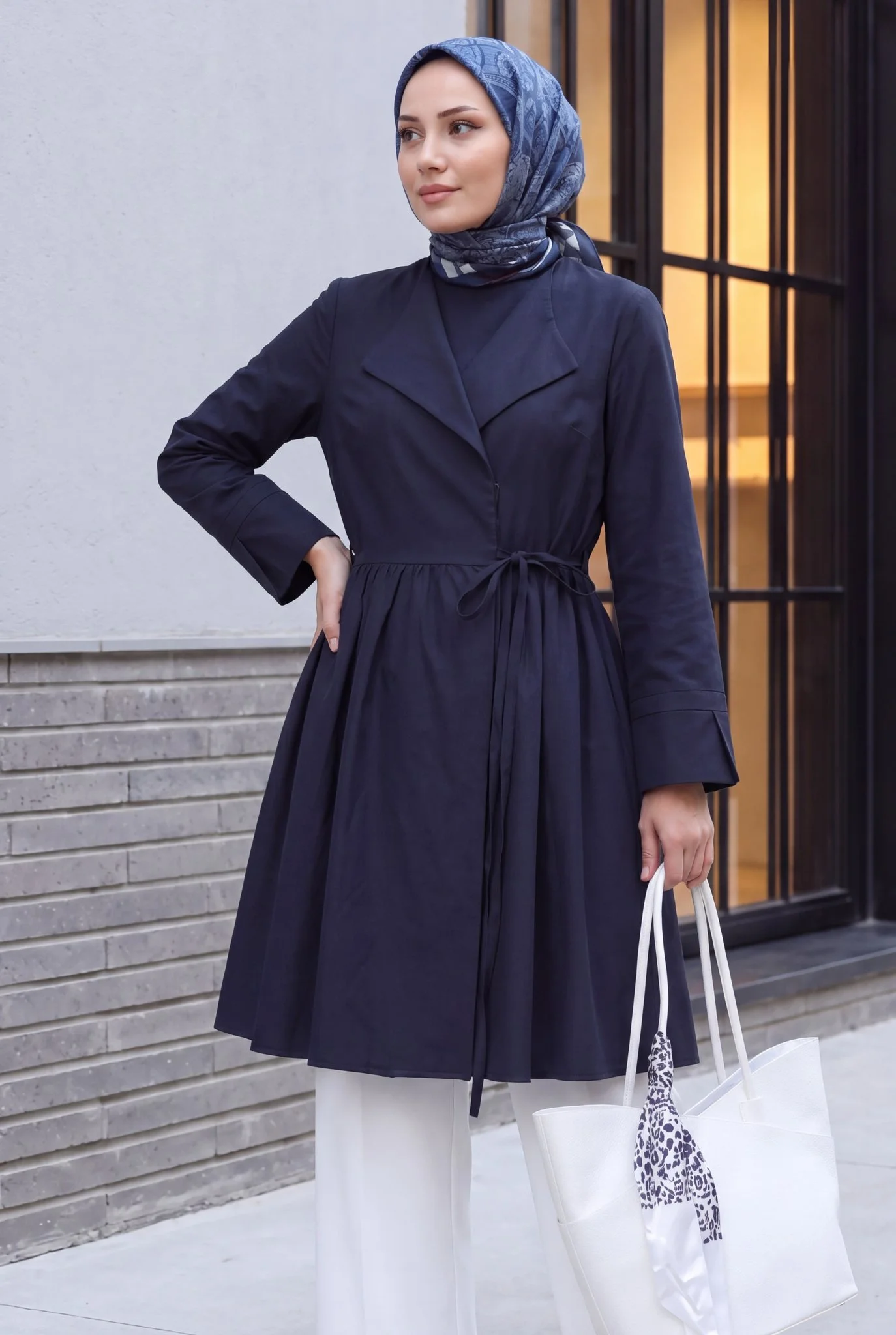 Navy Blue Tie-Side Kimono Coat with Slit Details - Podyumplus - by Peralane - photo 4