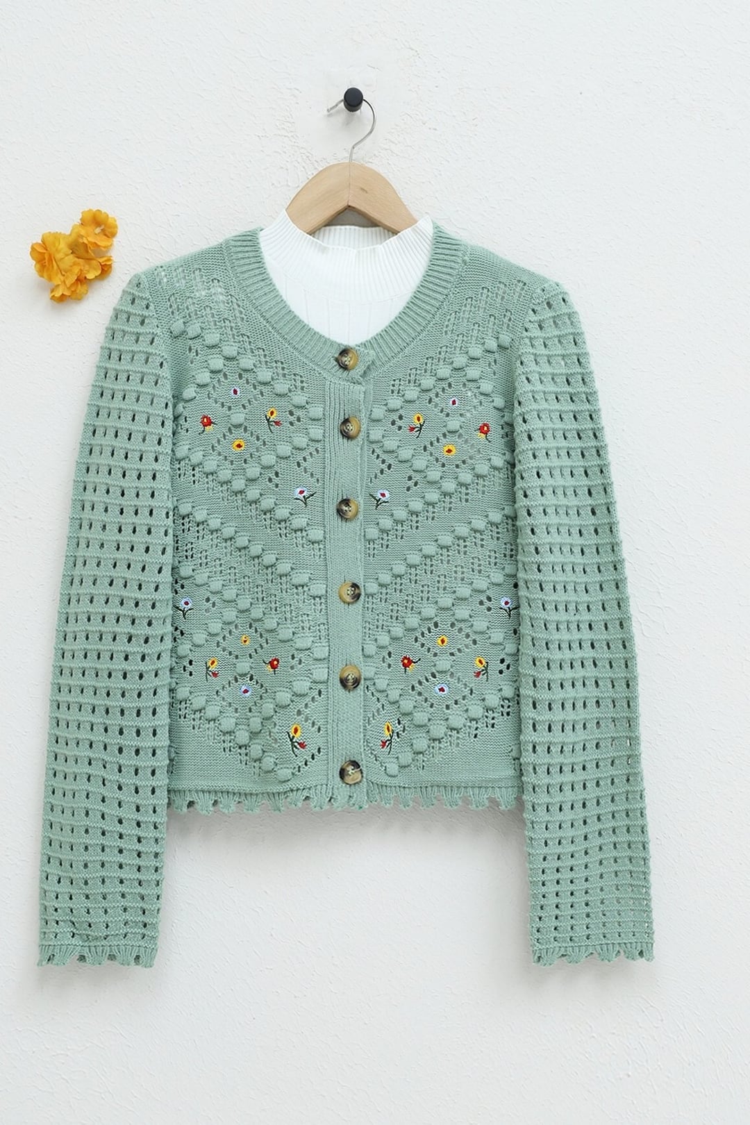 Floral Embroidered Pompon Openwork Knit Cardigan - Sea Green - Podyumplus - by Peralane