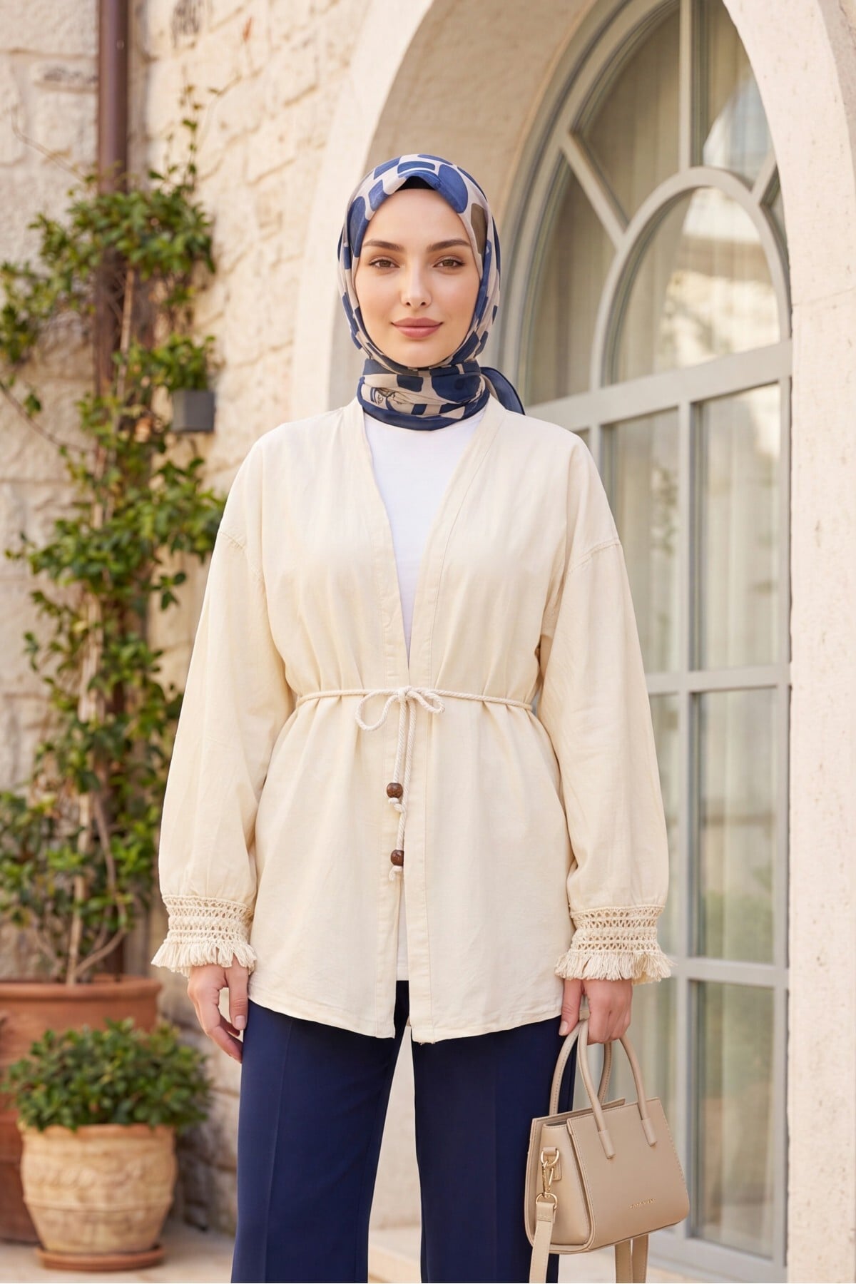 Cream Belted Kimono Cardigan with Tassel Trim - Podyumplus - by Peralane - photo 5