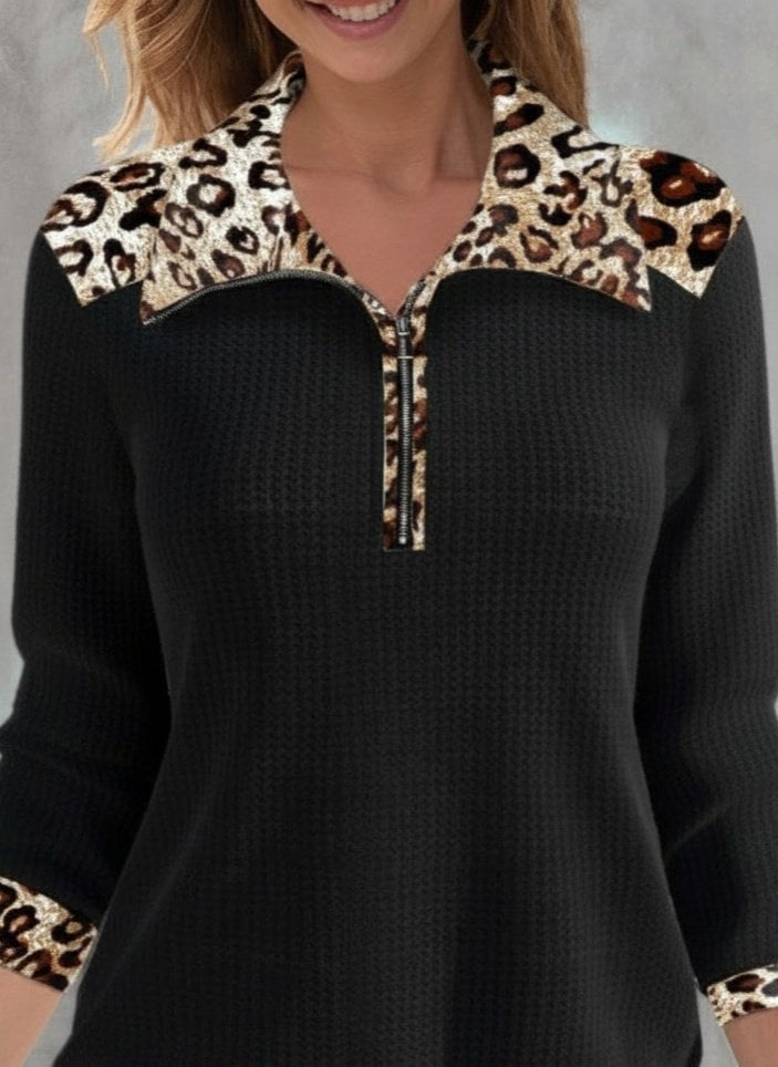 Women's Long Sleeve Leopard Collar Zip Waffle Blouse - Janes - by Peralane - photo 2