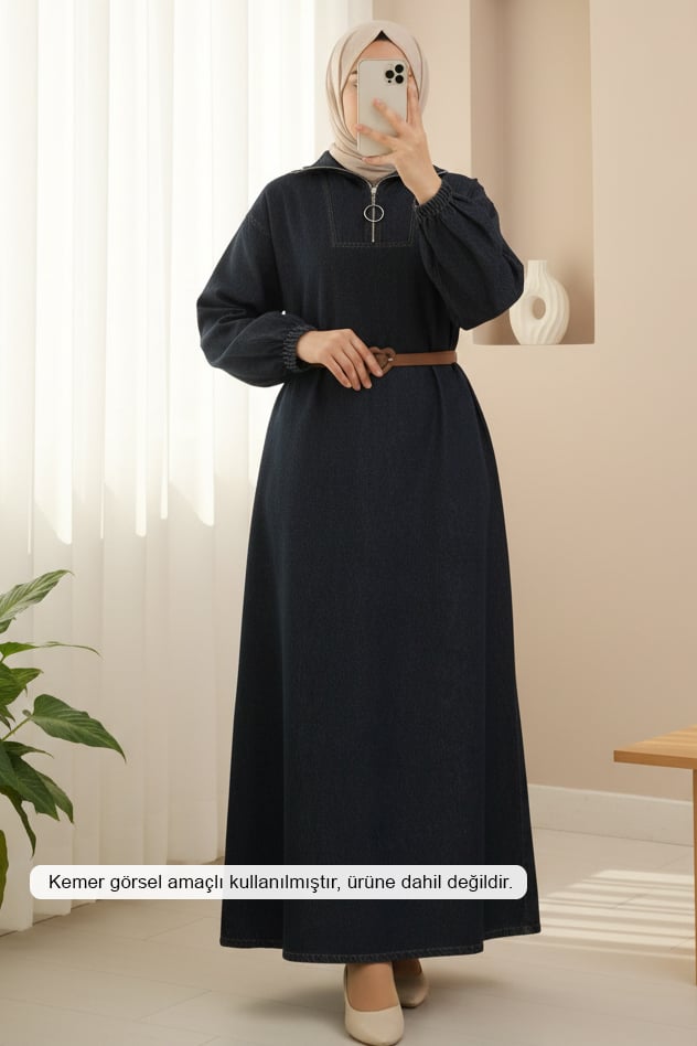Half-Zip Pocket Denim Dress - Anthracite - Podyumplus - by Peralane
