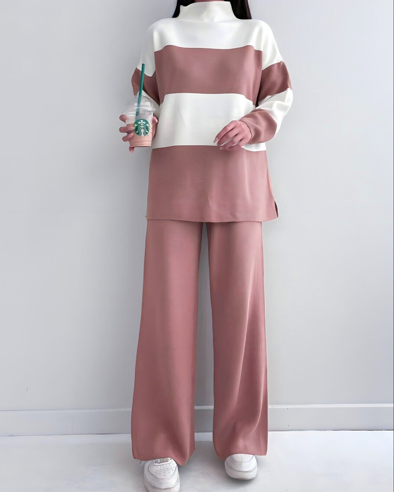 Half-Collar Striped Knit Set in Dusty Rose - Podyumplus - by Peralane - photo 5