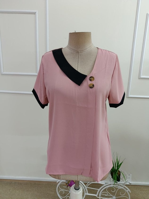Women's Short Sleeve Asymmetric Collar Button Detail Blouse - Pink - Janes - by Peralane - photo 5