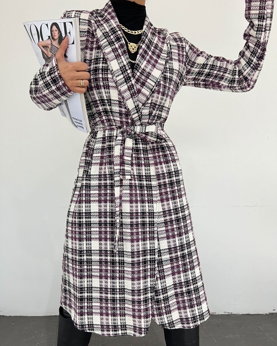 Longline Plaid Shawl Collar Belted Jacket - Purple - Podyumplus - by Peralane - photo 2