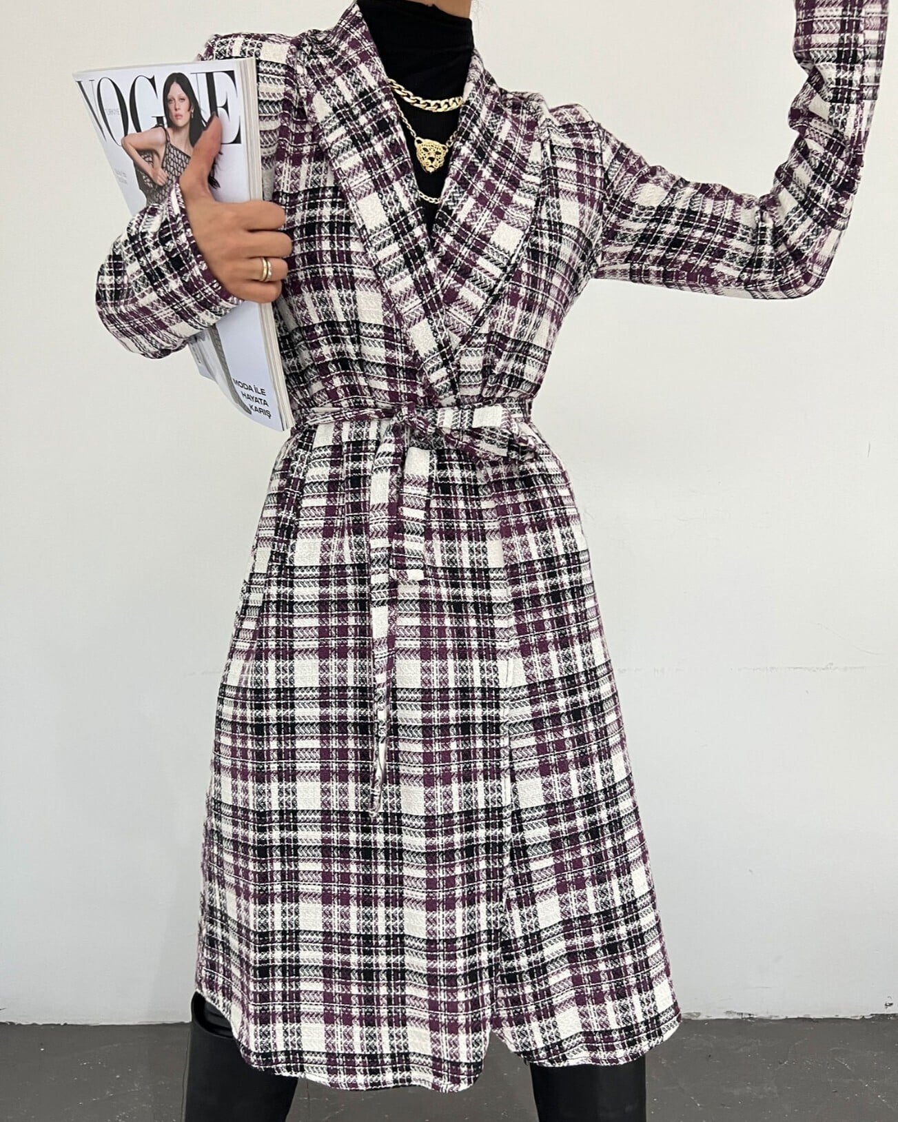 Longline Plaid Shawl Collar Belted Jacket - Purple - Podyumplus - by Peralane - photo 2