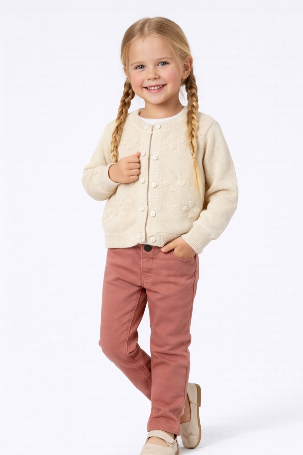 Baby Girl Knitted Cardigan and Trousers Set - Ecru - Has Bereket - by Peralane