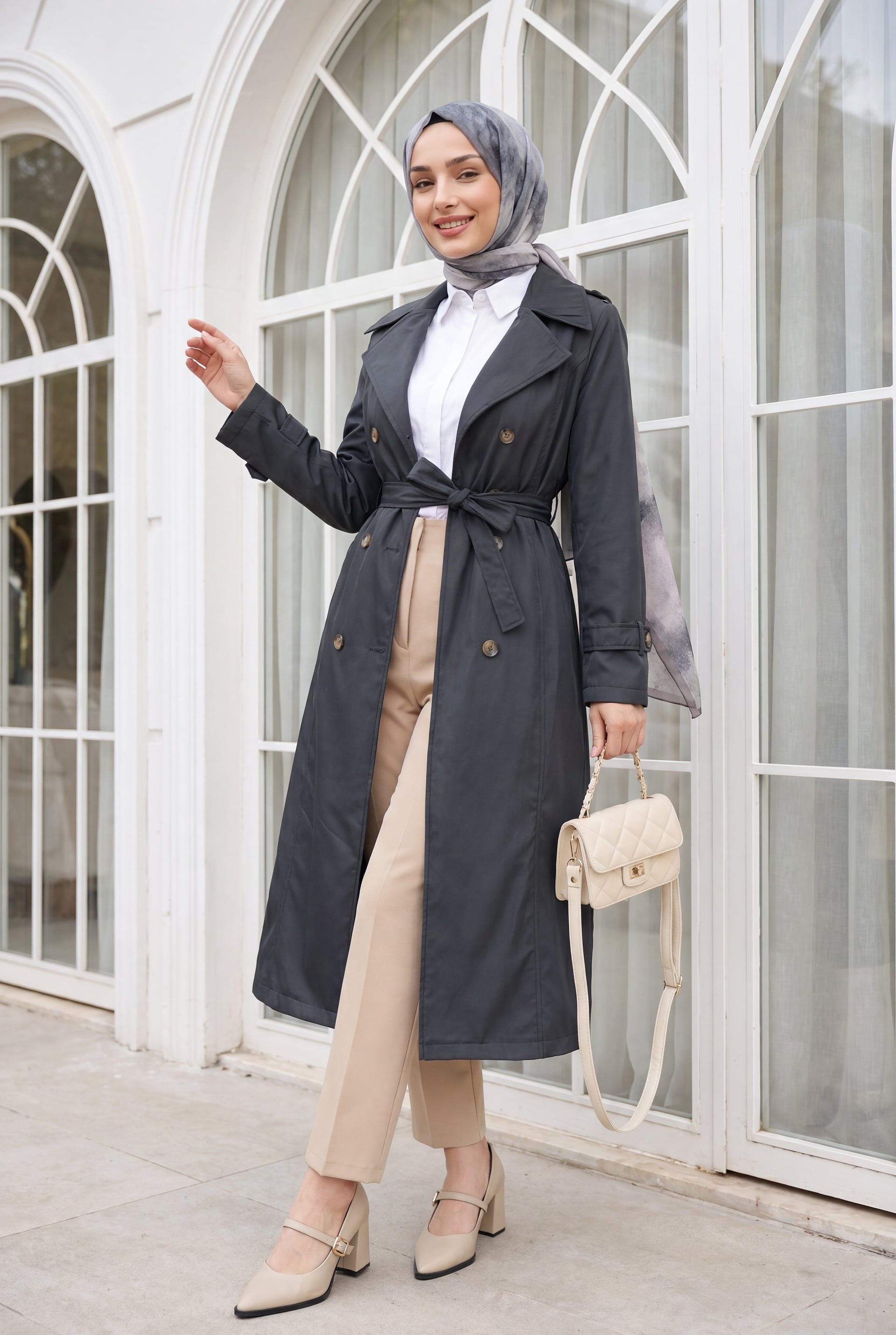 Lined Belted Trench Coat - Dark Grey - Podyumplus - by Peralane - photo 3