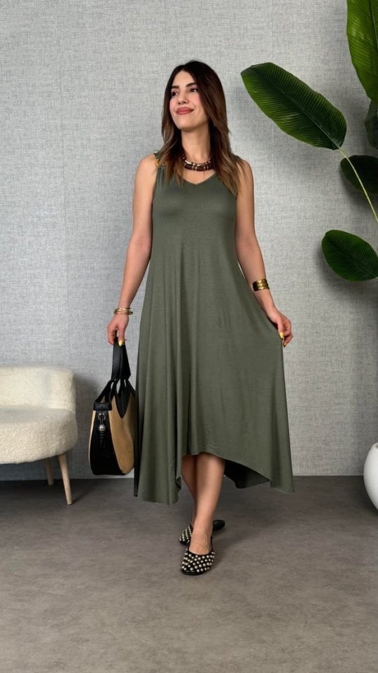Women's Sleeveless V-Neck Ring Detail Asymmetric Viscose Maxi Dress - Janes - by Peralane - photo 3