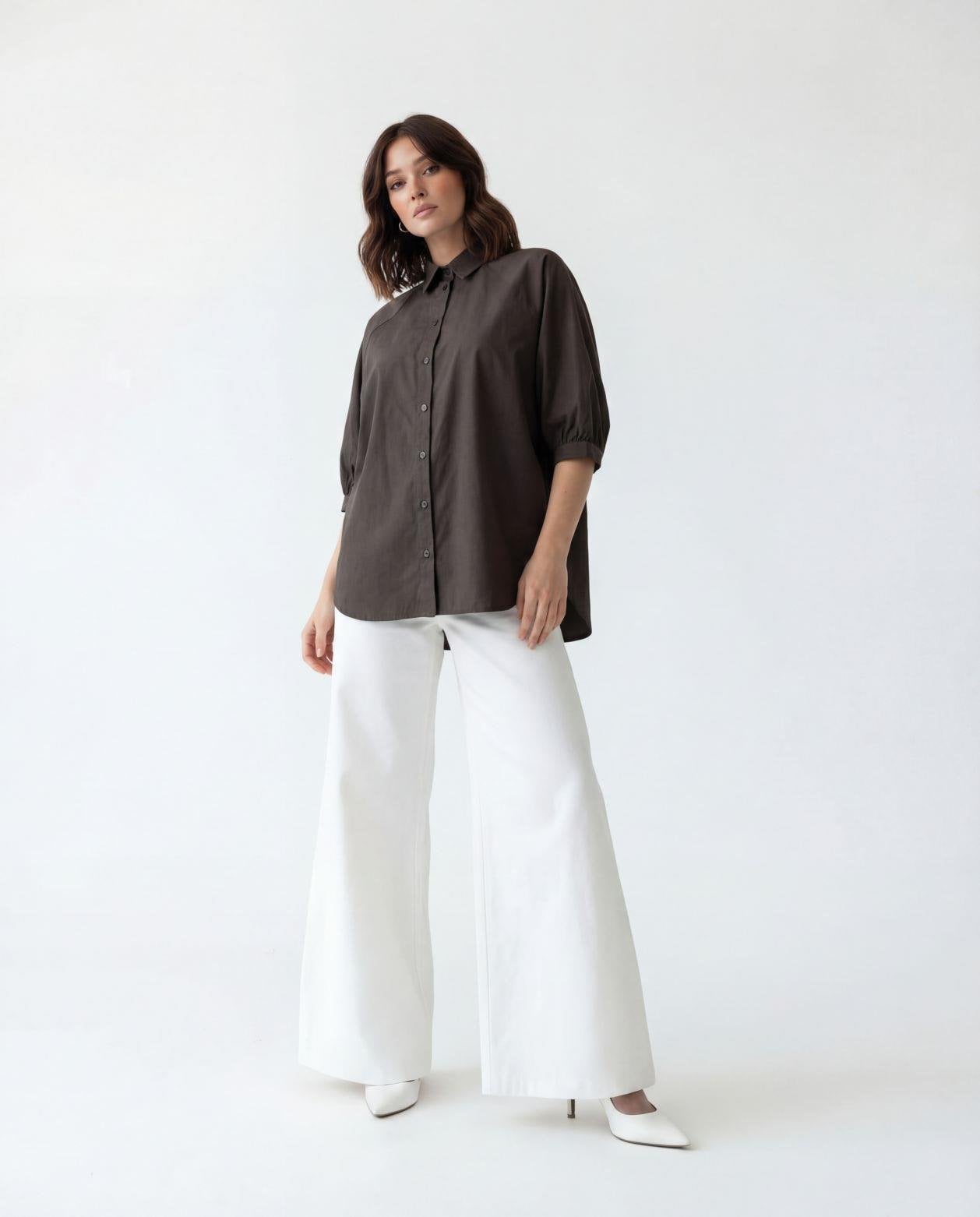 Women's Dark Brown Cotton Blend Blouse with Short Puffed Sleeves - Fame - by Peralane