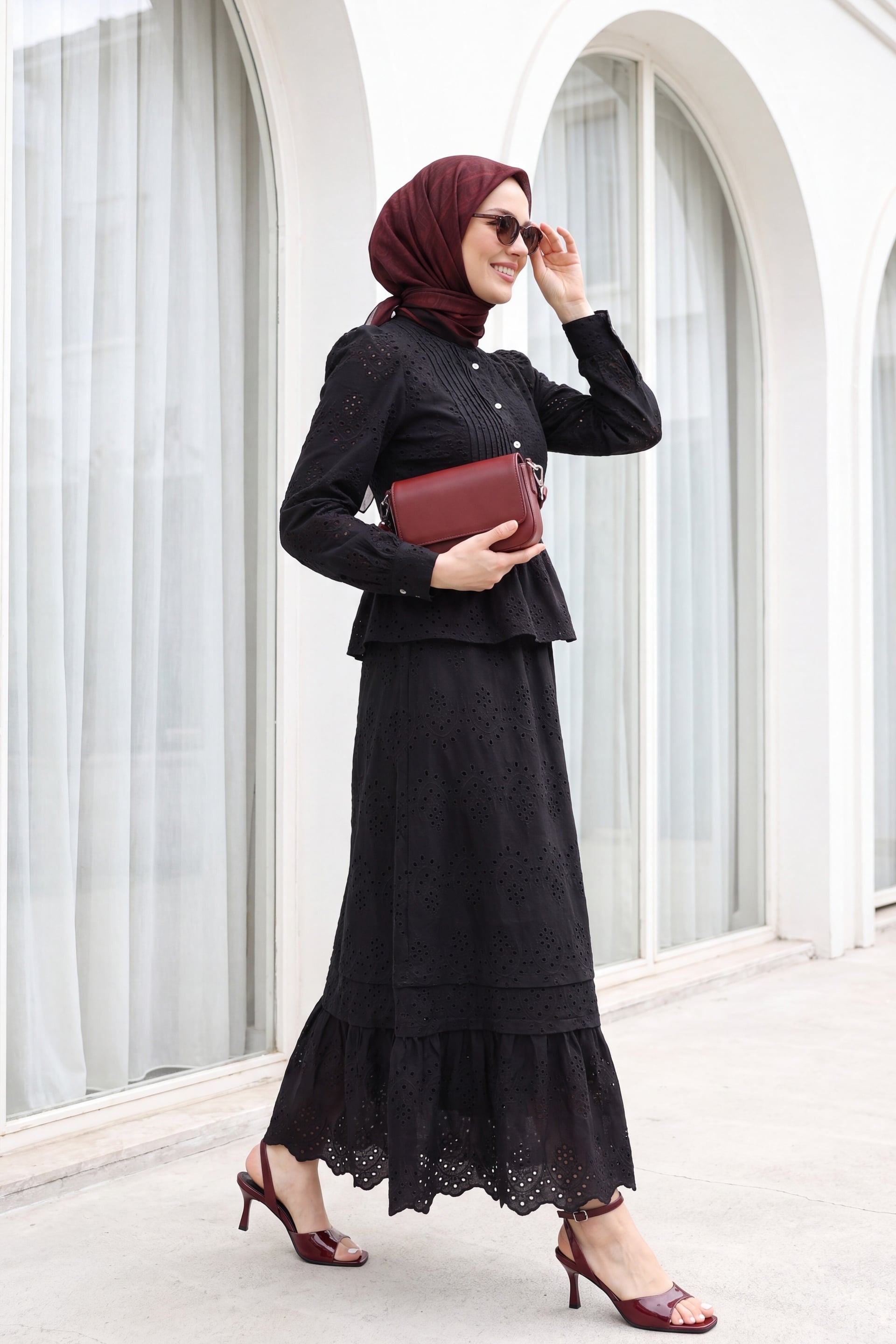 Black Cotton-Polyester Two-Piece Set with Ribbed Front, Stone Buttons, Scalloped Trim, Lined Skirt - Podyumplus - by Peralane - photo 3