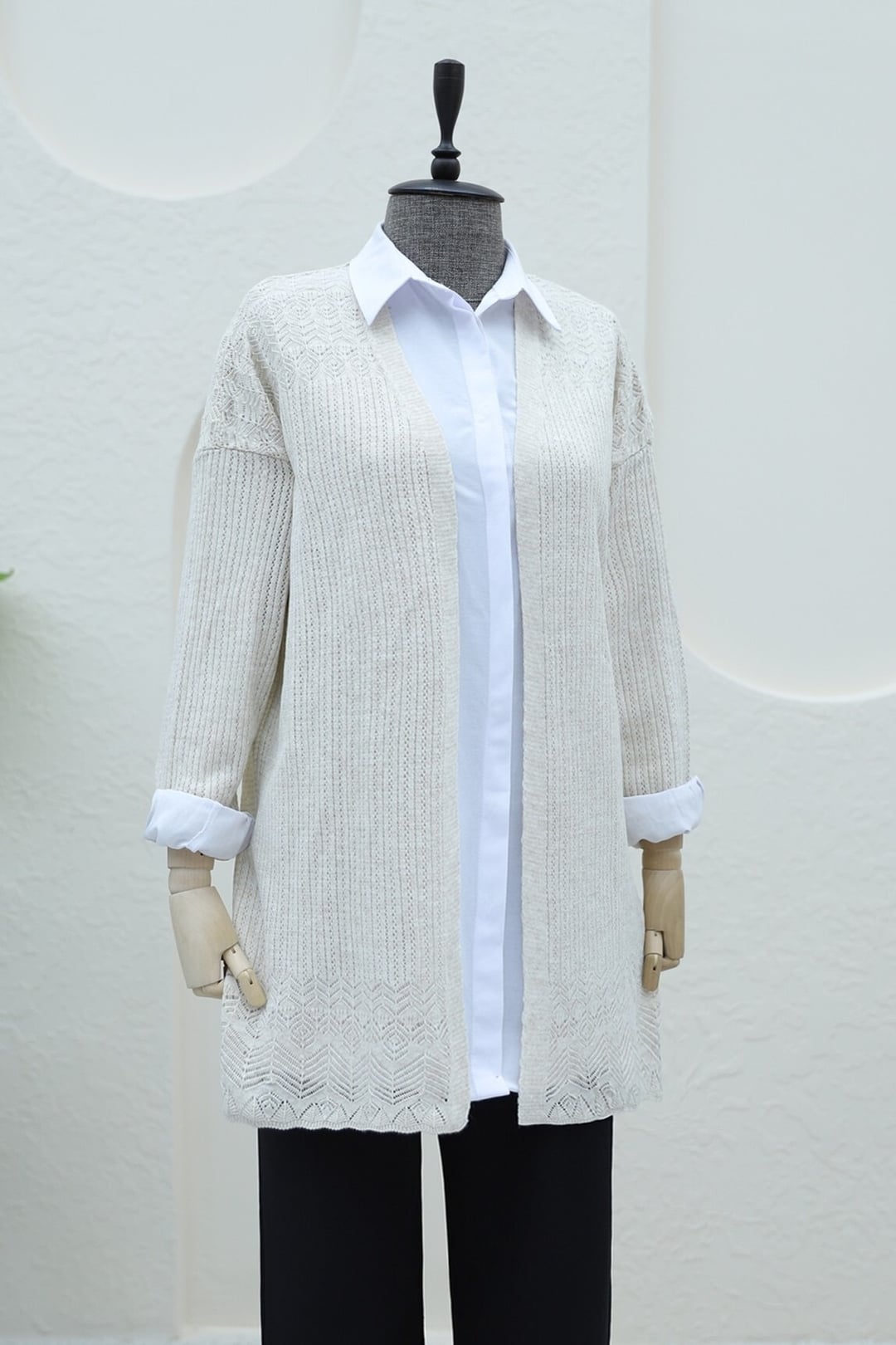 Patterned Hem Openwork Cardigan - Stone - Podyumplus - by Peralane - photo 5