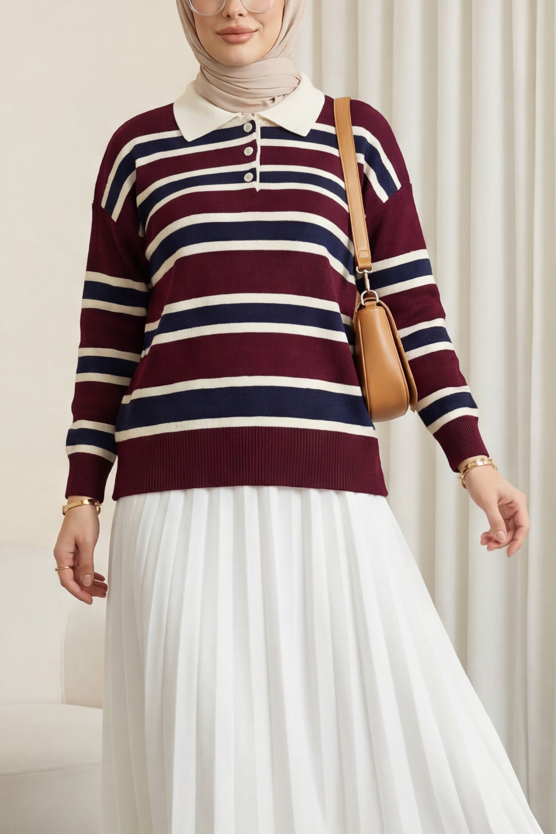 Polo Collar Buttoned Colourful Striped Knit Sweater - Burgundy - Podyumplus - by Peralane