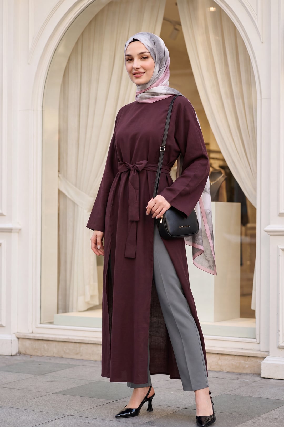 Long Modal Tunic with Round Neck, Deep Slits and Belt - Burgundy - Podyumplus - by Peralane