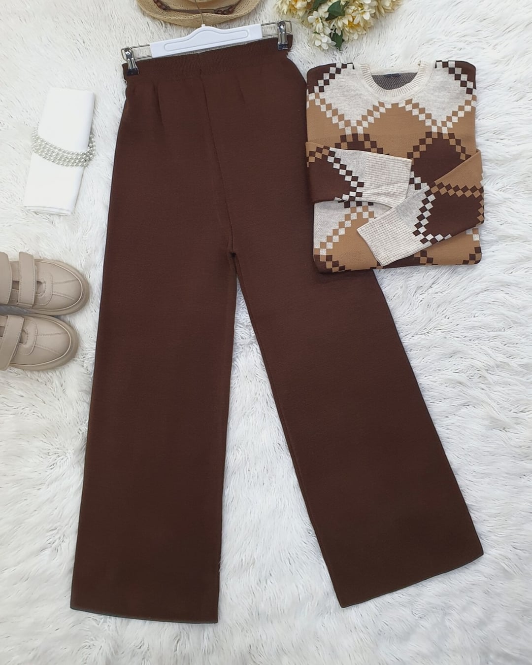 Brown Wide-Leg Knit Trousers - Relaxed Fit - Podyumplus - by Peralane - photo 4