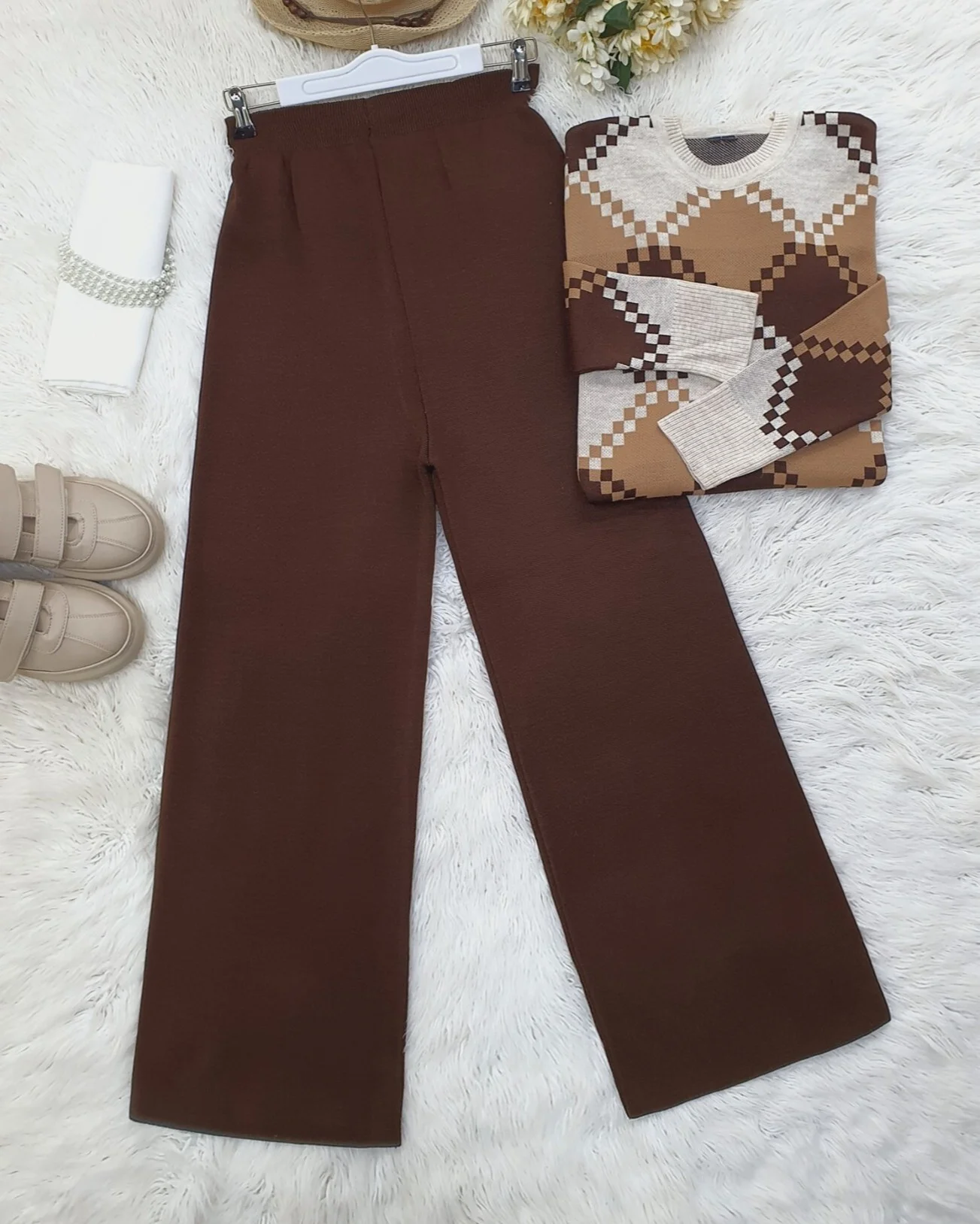Brown Wide-Leg Knit Trousers - Relaxed Fit - Podyumplus - by Peralane - photo 4