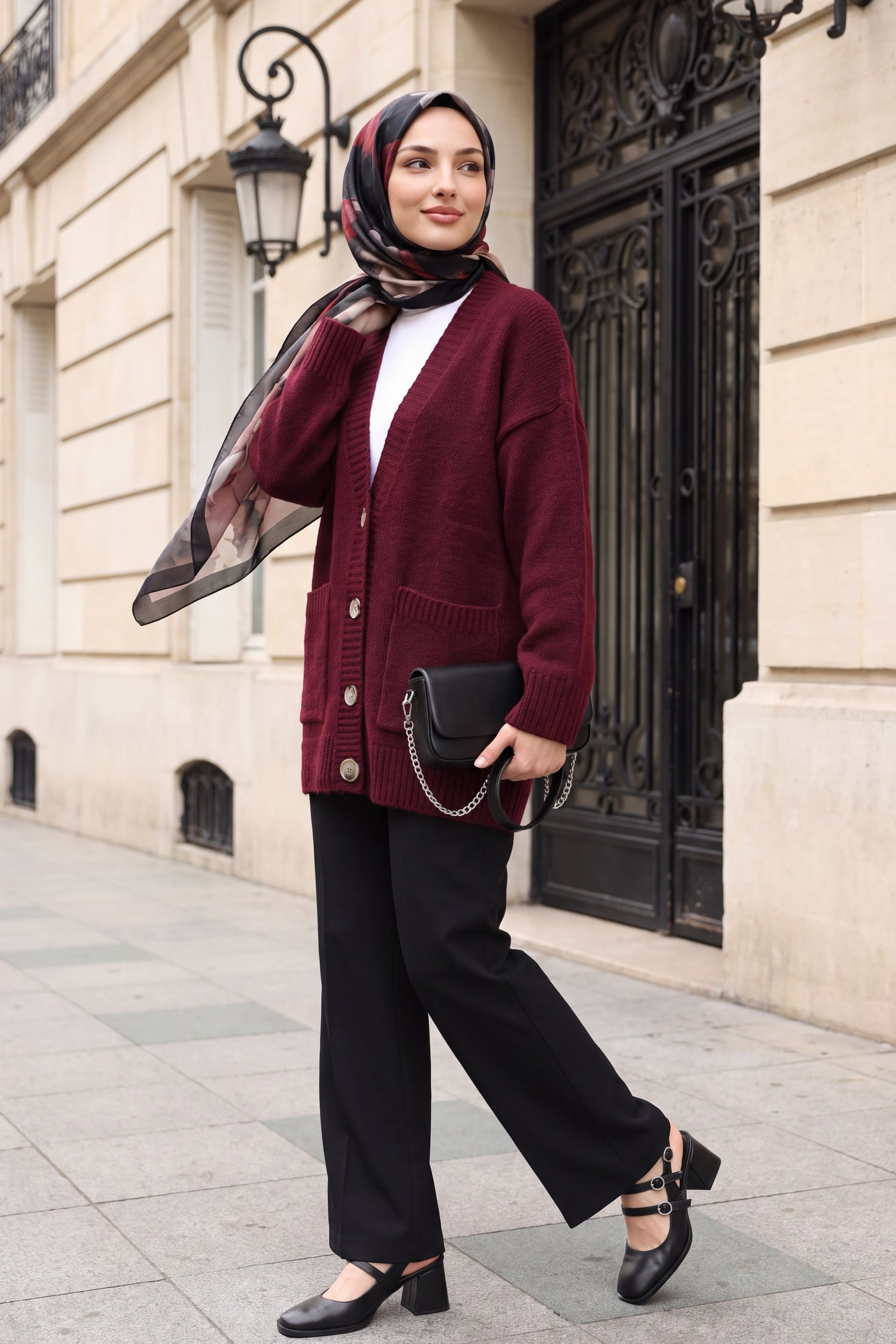 Buttoned Double Pocket Relaxed Knit Cardigan - Burgundy - Podyumplus - by Peralane - photo 4