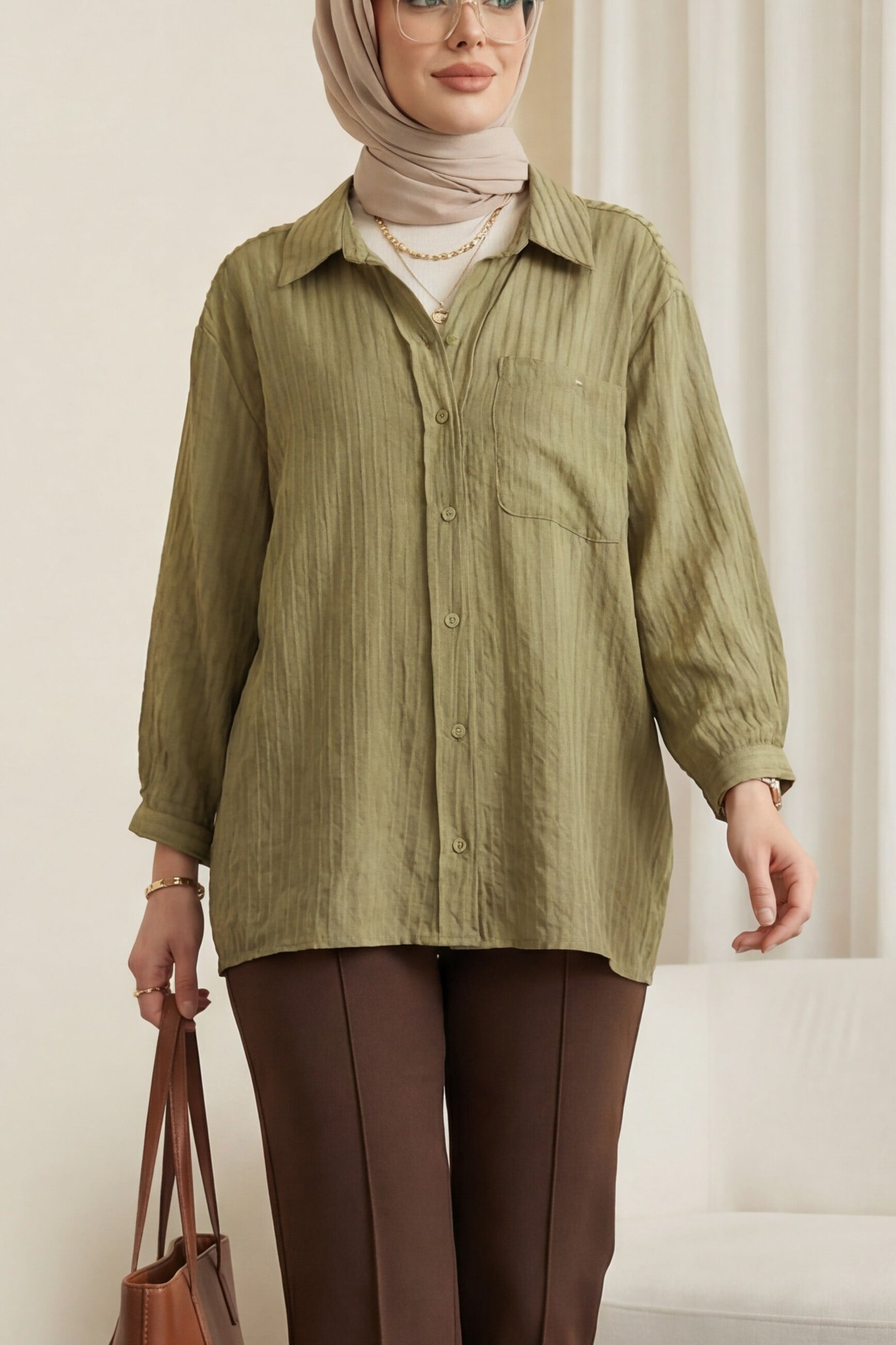 V-Neck Single Pocket Tencel Semi-Transparent Striped Blouse - Khaki - Podyumplus - by Peralane