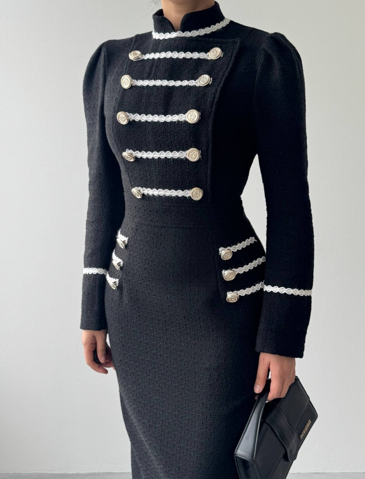 Women's Black Tweed Jacket with Lace Trim and Gold Buttons - Etika - by Peralane - photo 3