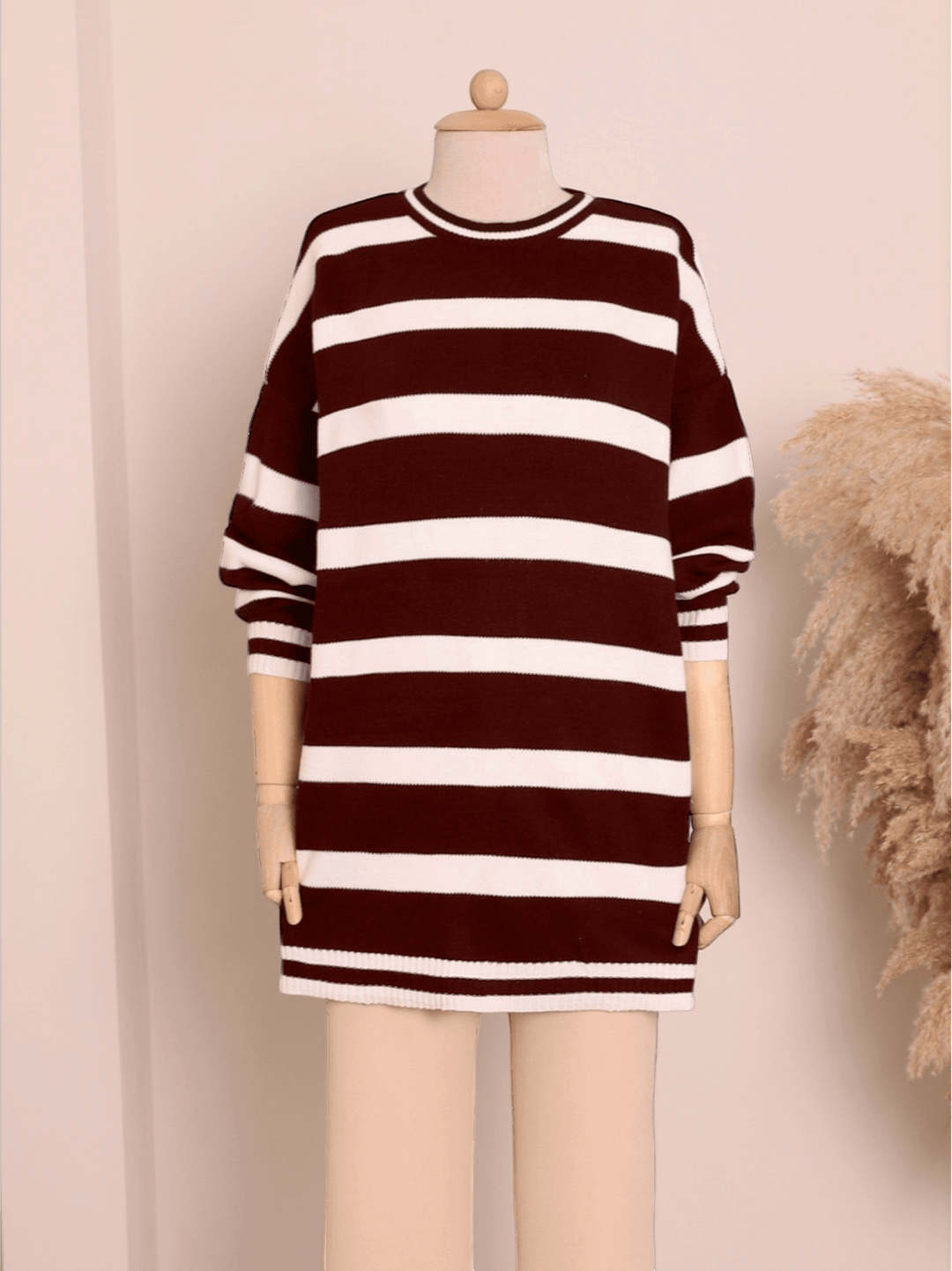 Striped Winter Modest Knit Tunic - Burgundy - Podyumplus - by Peralane