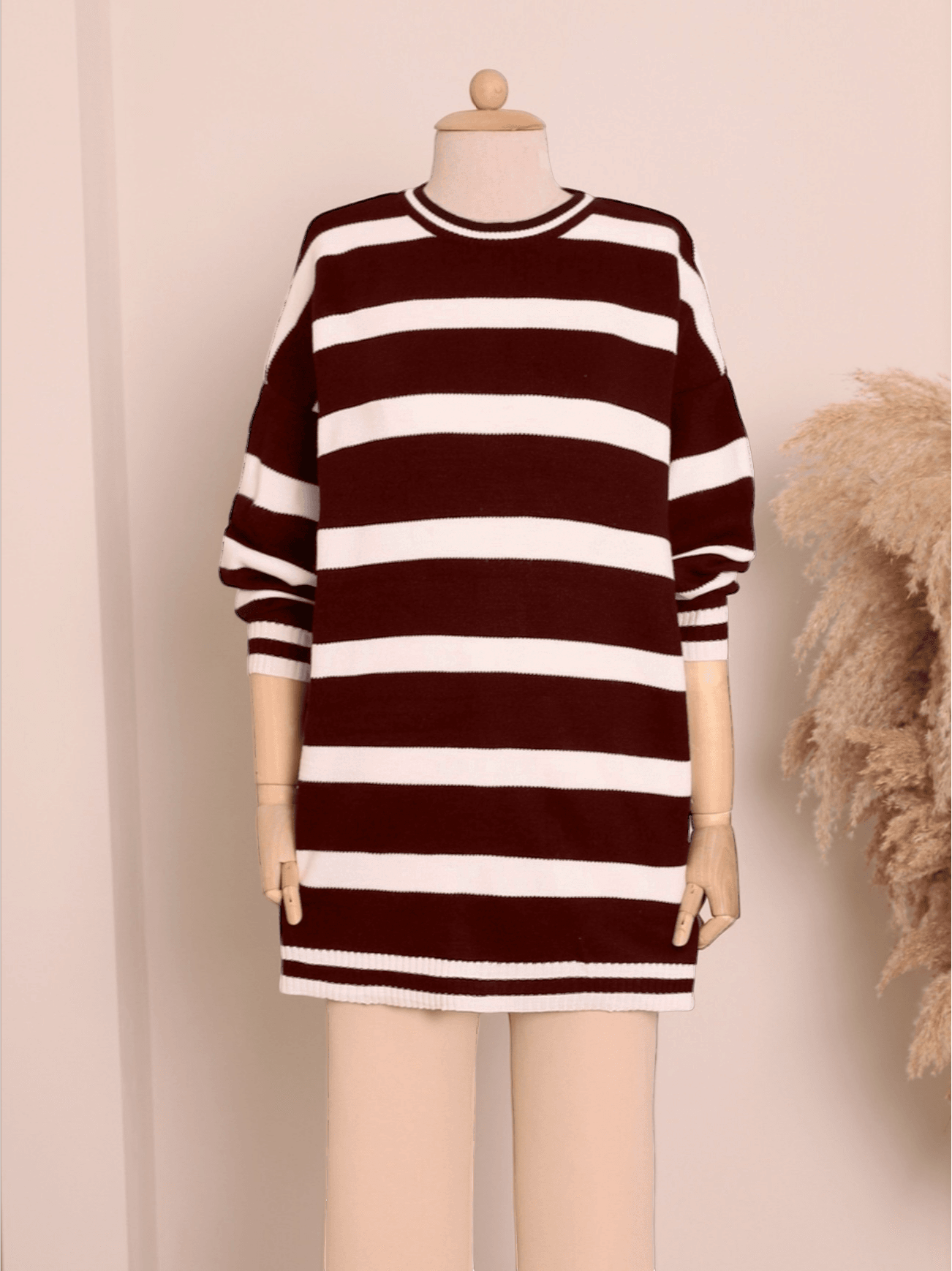 Striped Winter Modest Knit Tunic - Burgundy - Podyumplus - by Peralane