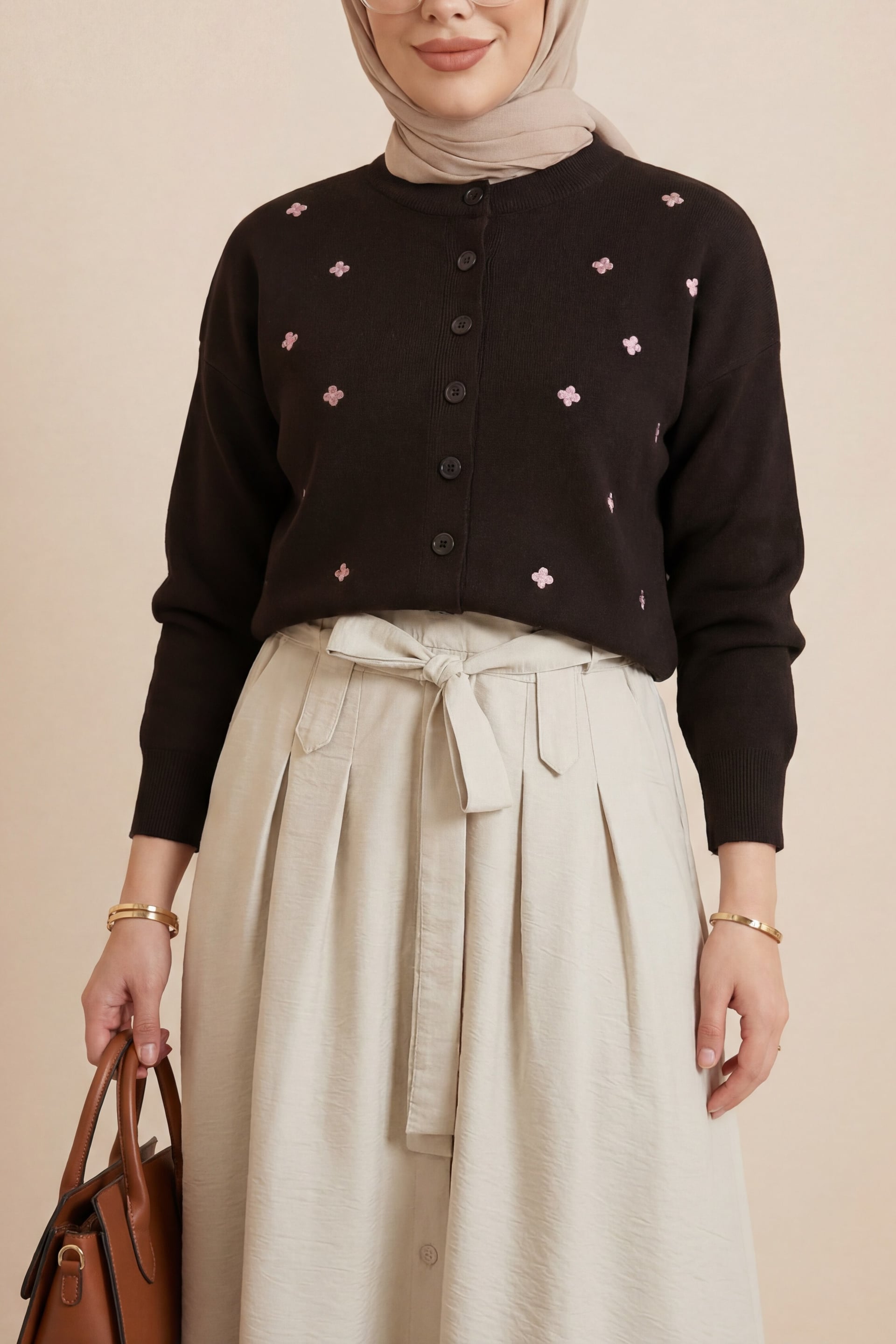 Dark Brown Oversize Knit Cardigan with Scattered Floral Embroidery - Podyumplus - by Peralane