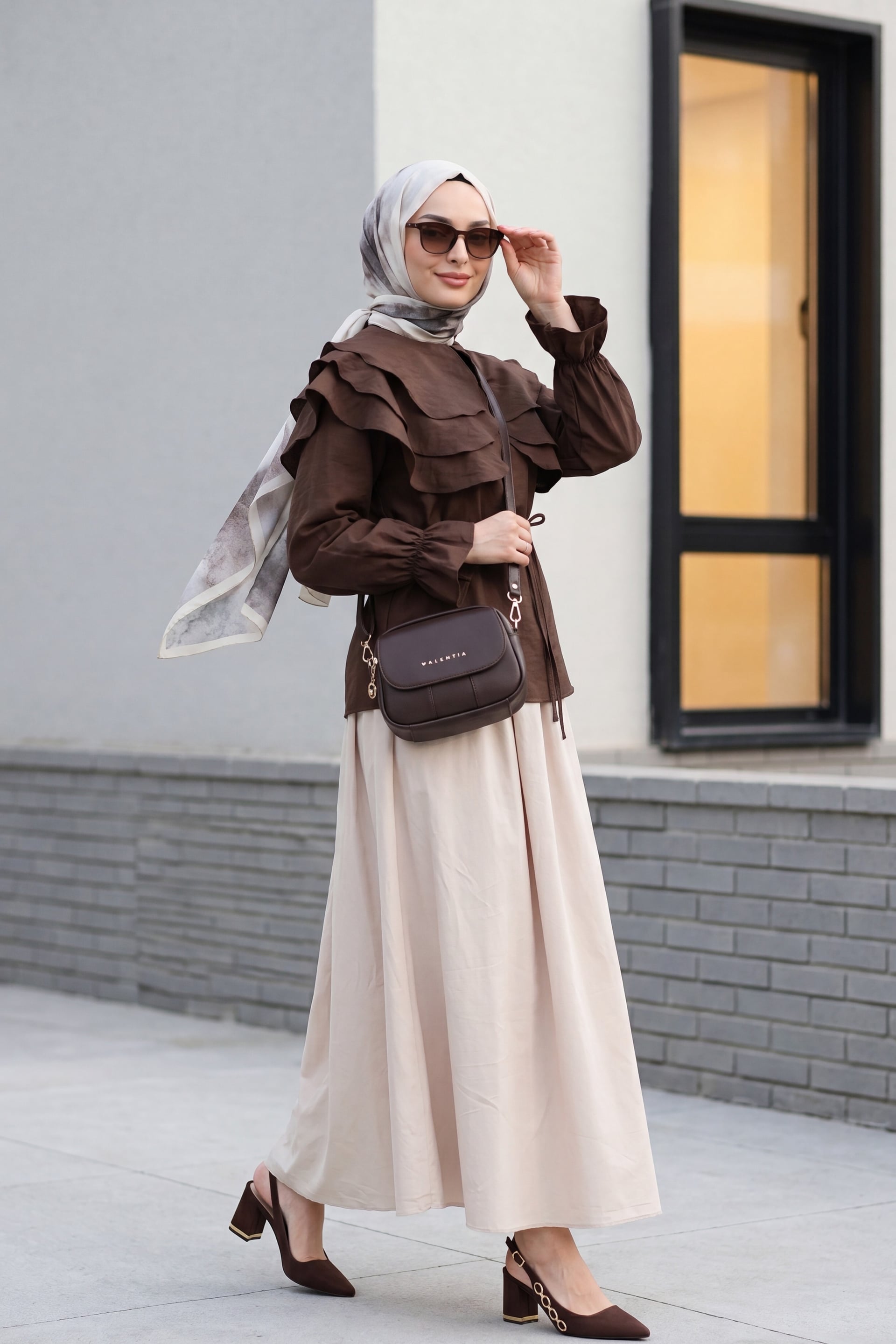 Ruffled Baby Collar Long Sleeve Modal Blouse - Dark Brown - Podyumplus - by Peralane - photo 4