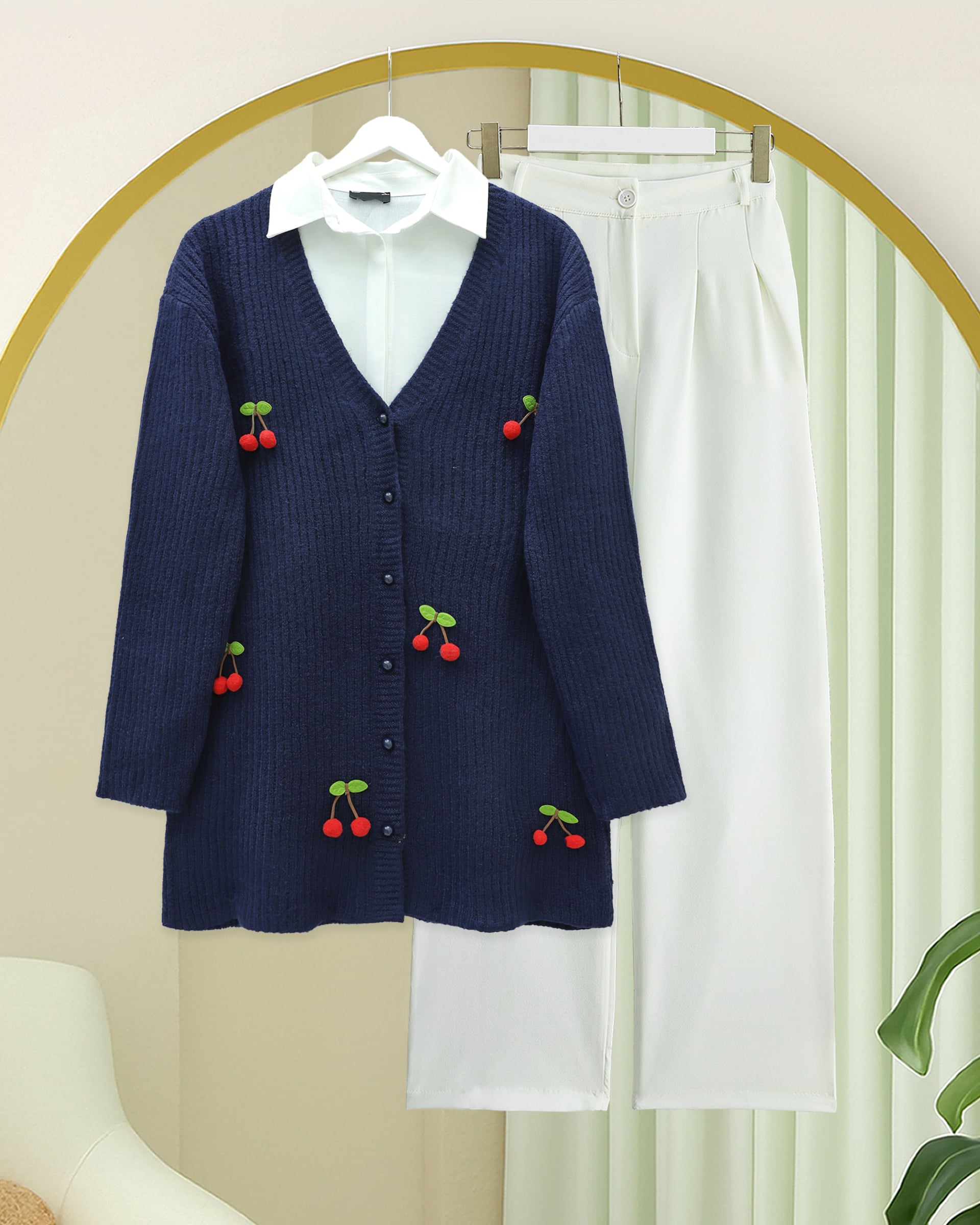 Navy Blue Ribbed Knit Cardigan with Cherry Buttons - Podyumplus - by Peralane - photo 5