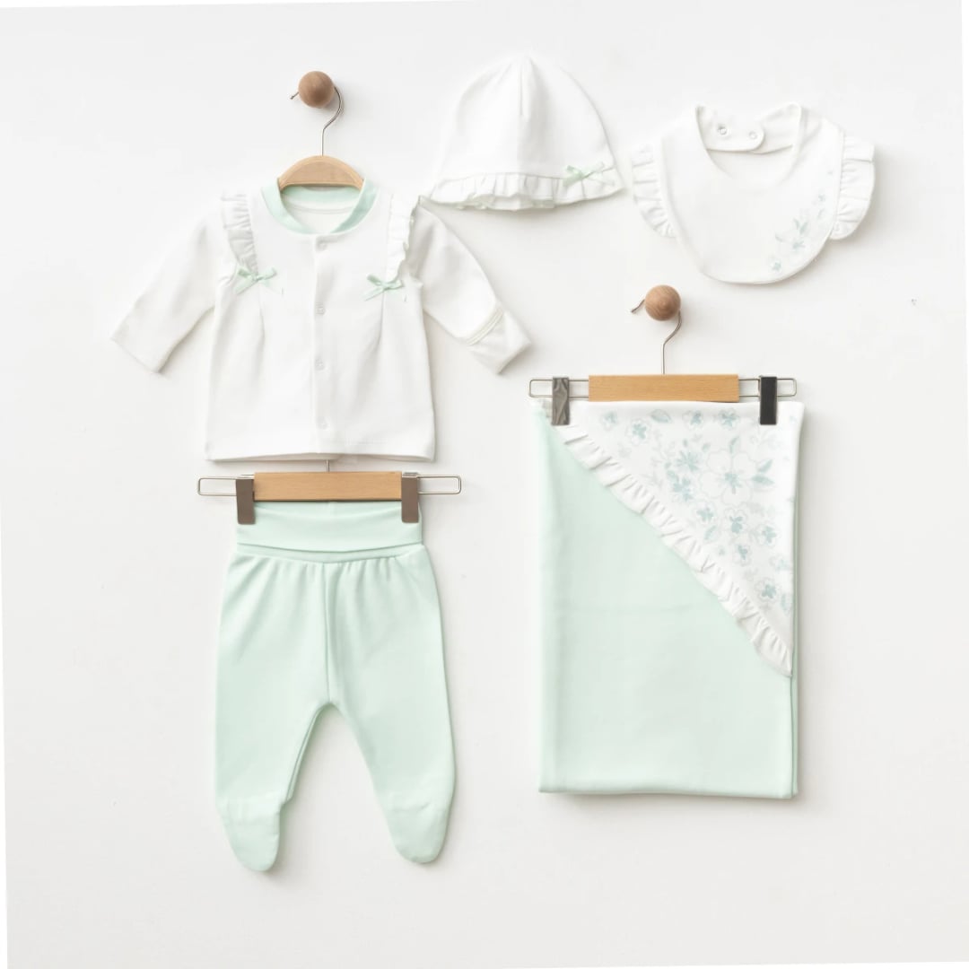 Organic 5 Piece Newborn Welcome Set with Cardigan, Pants, Hat, Bib, and Blanket - Eslenza - by Peralane