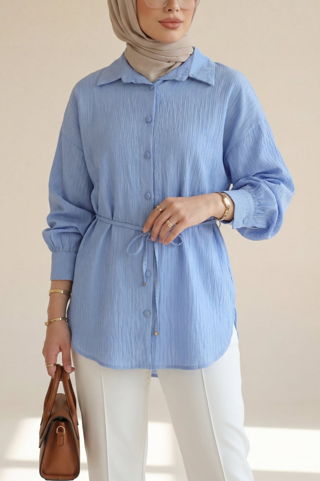 Belted Seam and Sequined Button Shirt in Blue - Podyumplus - by Peralane