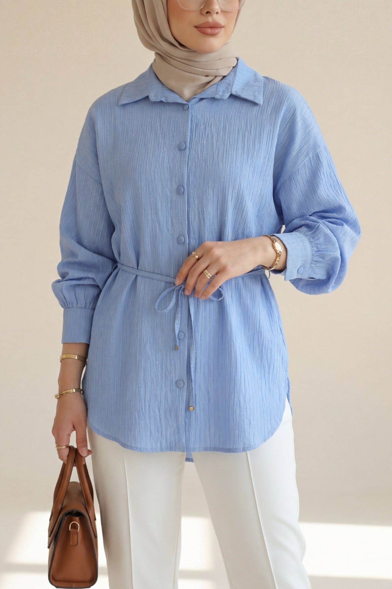 Belted Seam and Sequined Button Shirt in Blue - Podyumplus - by Peralane