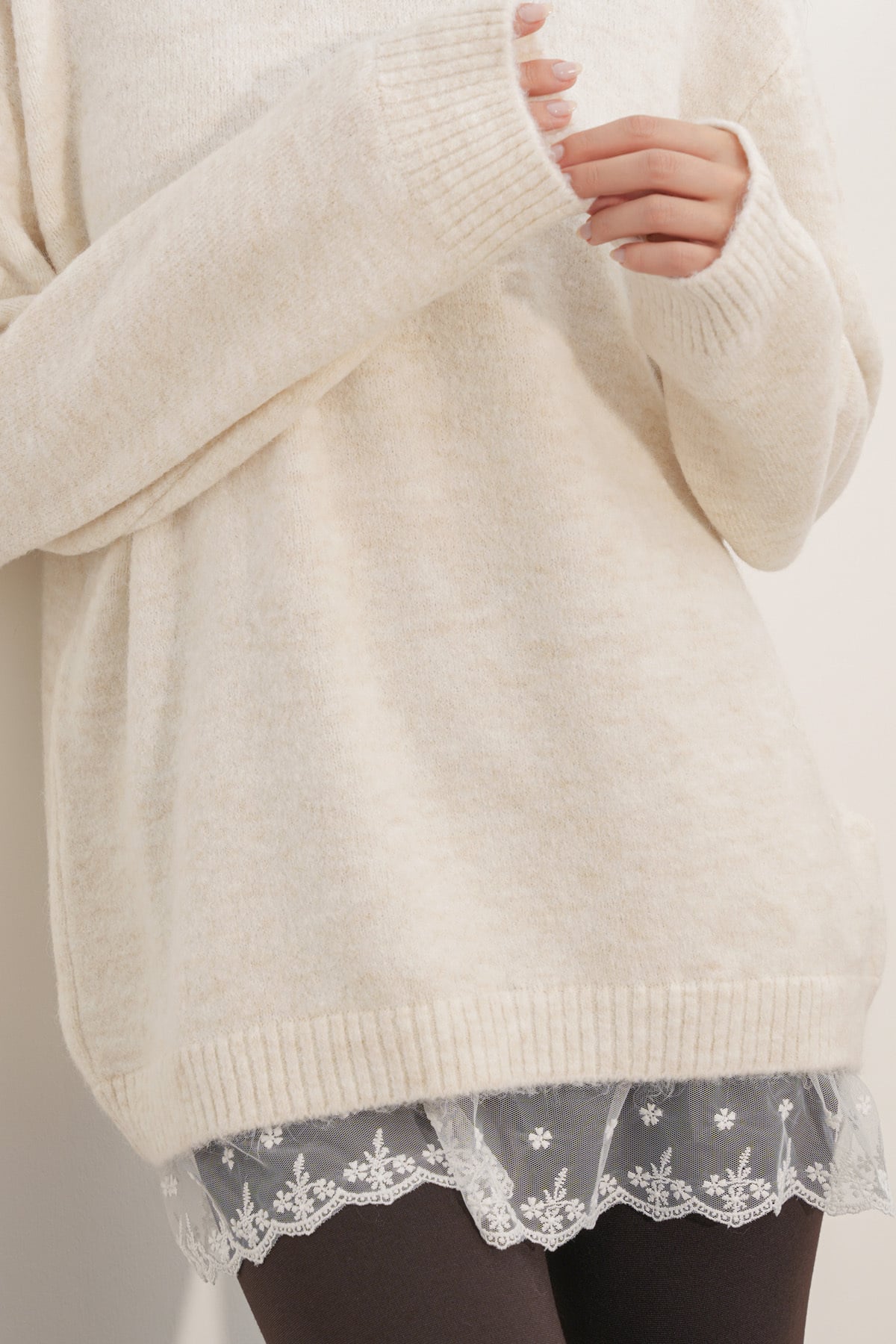 Women's Tulle Detail Oversize Knit Sweater 15968 - Cream - Bigdart - by Peralane - photo 6