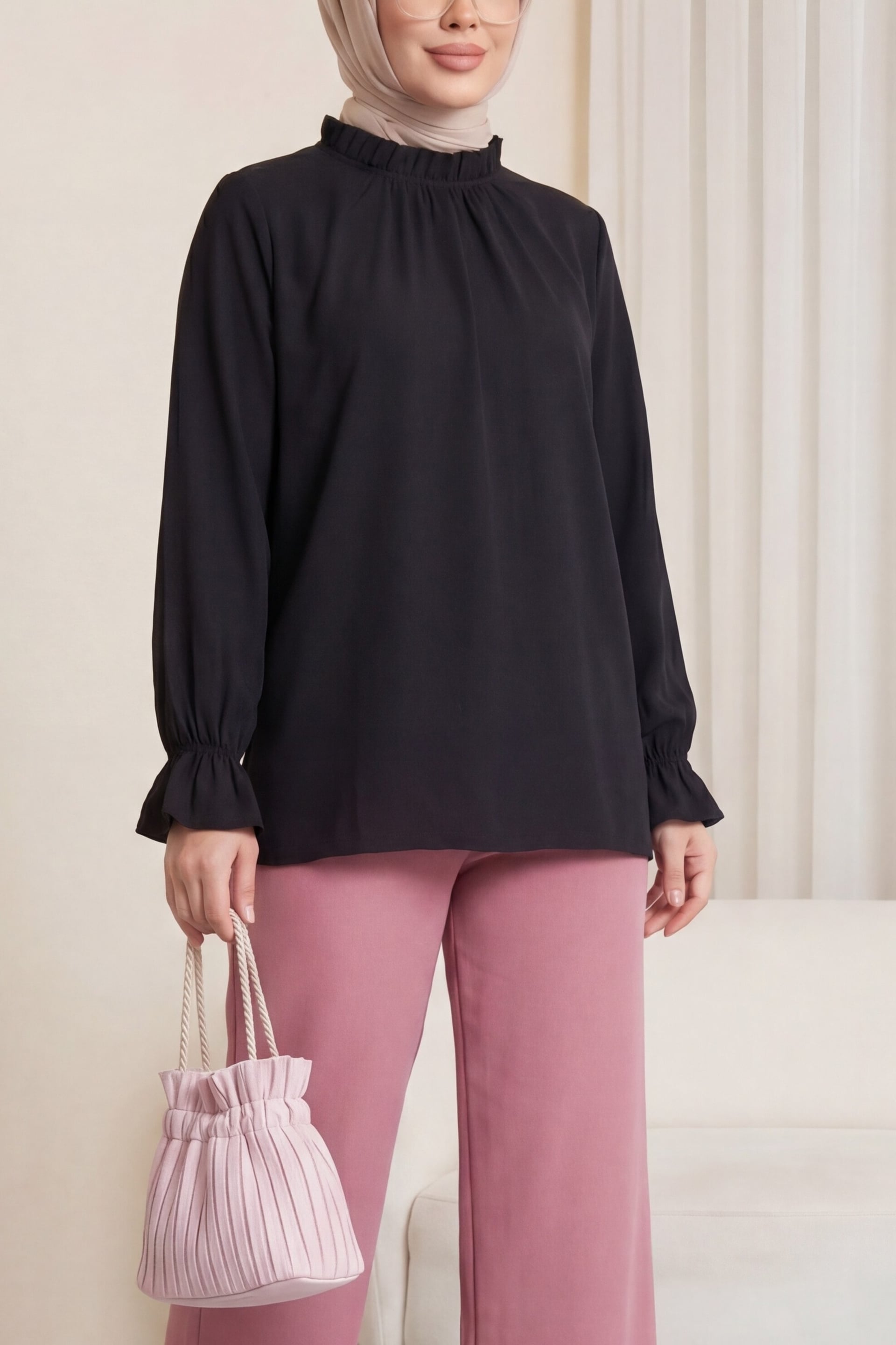 Black Ruffled Neck Poplin Blouse with Long Puffed Sleeves - Podyumplus - by Peralane - photo 2